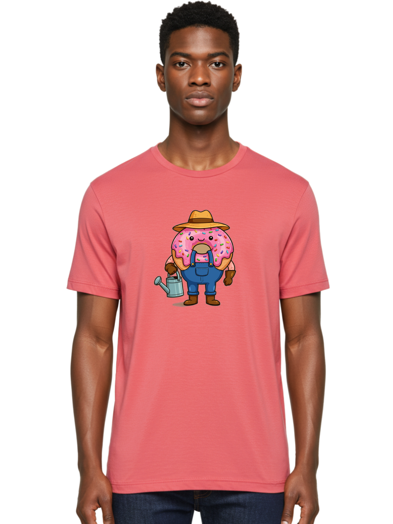 Donut-Farmer Men'S Graphic Tee, 100% Cotton, Comfortable Casual Summer Wear, Machine Washable, Donut Character, Farmer Illustration, Watering Can, Blue Overalls, Brown Boots, Hat, Rainbow Sprinkles, Pink Frosting, Cartoon Style, Baa506