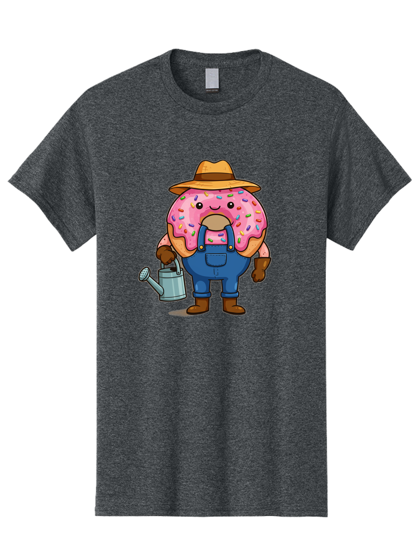 Donut-Farmer Men'S Graphic Tee, 100% Cotton, Comfortable Casual Summer Wear, Machine Washable, Donut Character, Farmer Illustration, Watering Can, Blue Overalls, Brown Boots, Hat, Rainbow Sprinkles, Pink Frosting, Cartoon Style, Baa506