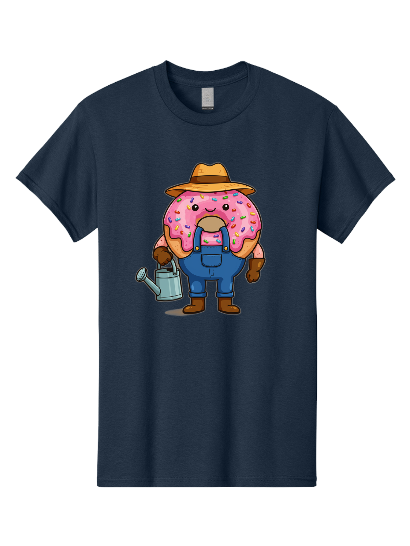 Donut-Farmer Men'S Graphic Tee, 100% Cotton, Comfortable Casual Summer Wear, Machine Washable, Donut Character, Farmer Illustration, Watering Can, Blue Overalls, Brown Boots, Hat, Rainbow Sprinkles, Pink Frosting, Cartoon Style, Baa506