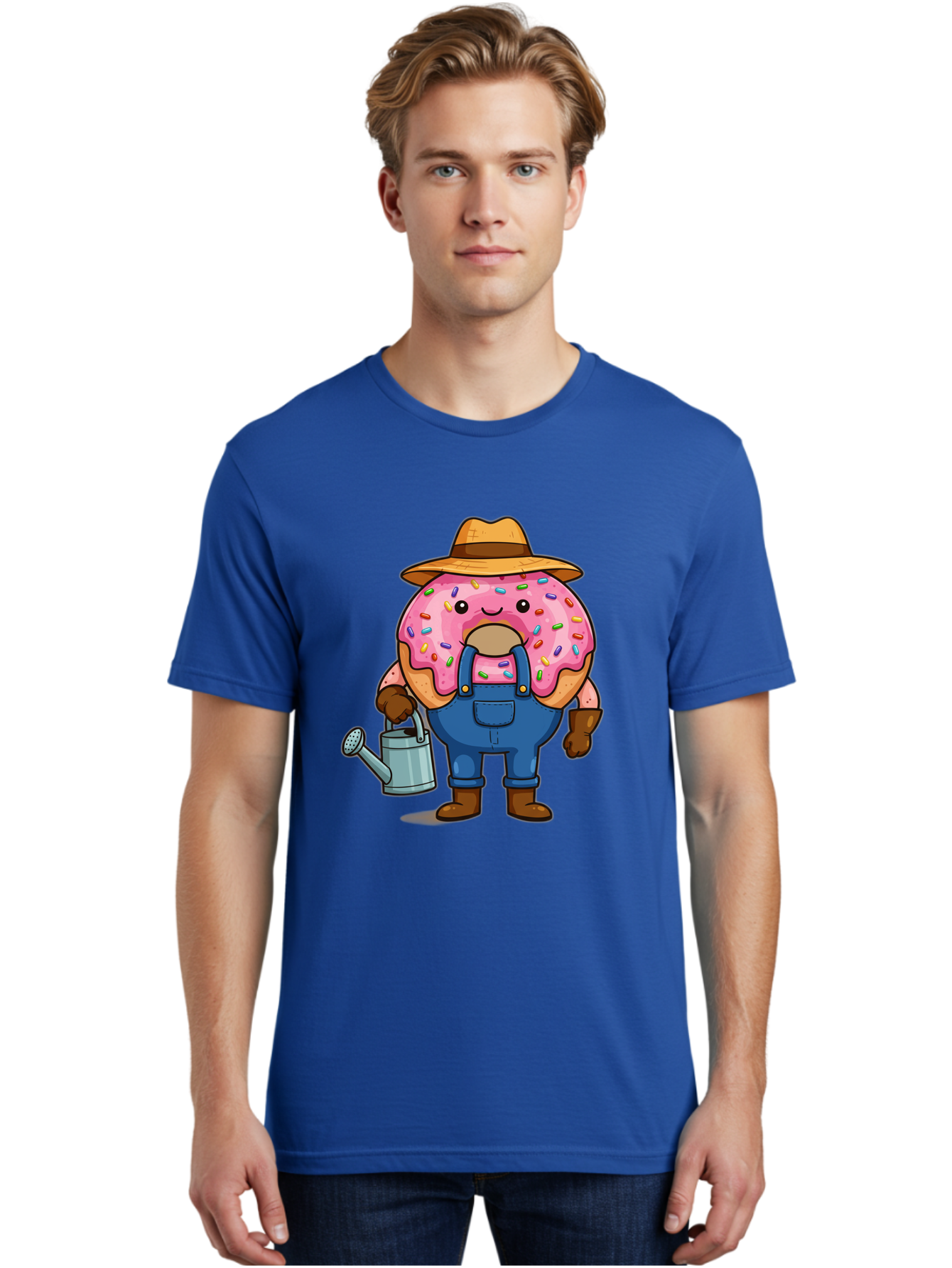 Donut-Farmer Men'S Graphic Tee, 100% Cotton, Comfortable Casual Summer Wear, Machine Washable, Donut Character, Farmer Illustration, Watering Can, Blue Overalls, Brown Boots, Hat, Rainbow Sprinkles, Pink Frosting, Cartoon Style, Baa506