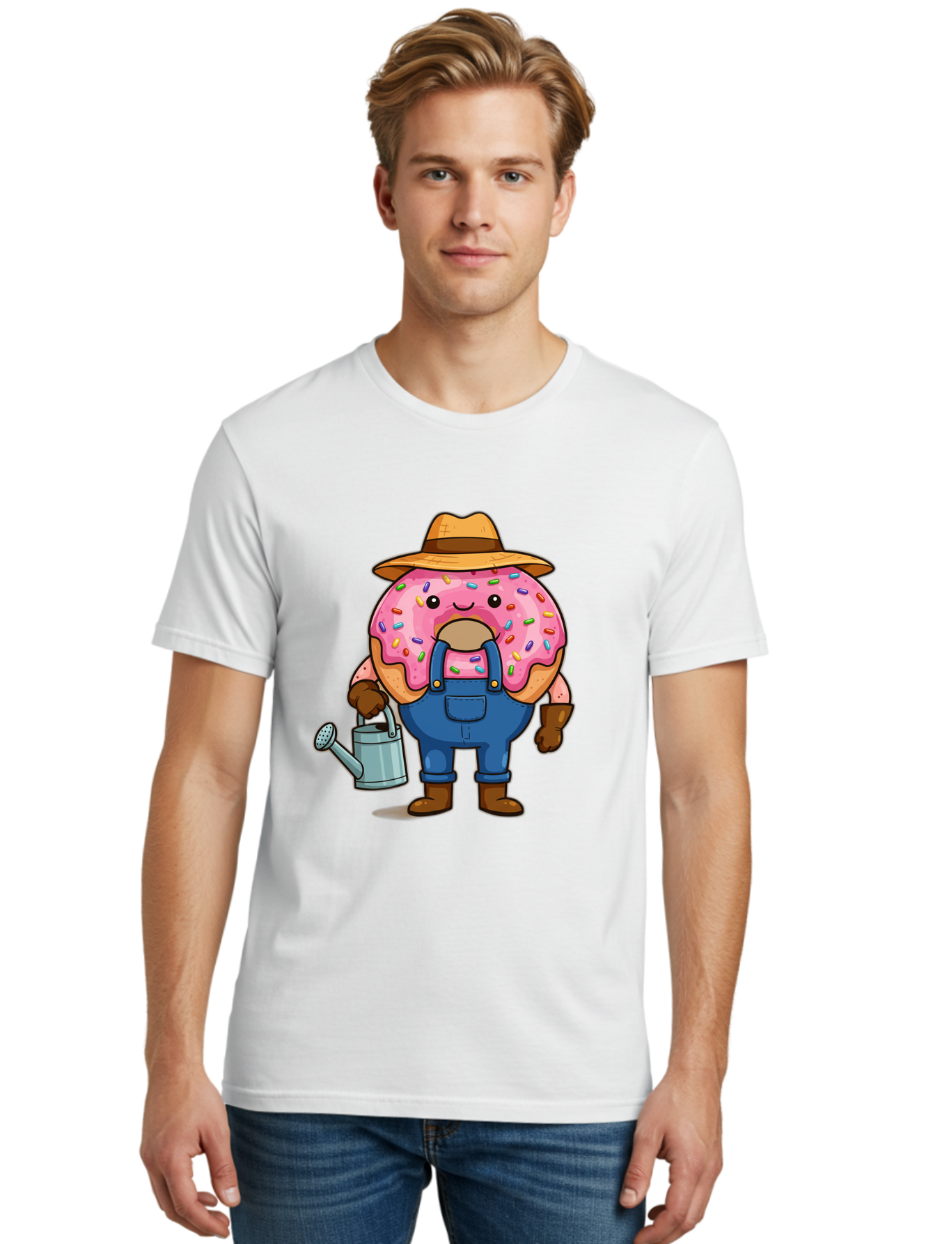 Donut-Farmer Men'S Graphic Tee, 100% Cotton, Comfortable Casual Summer Wear, Machine Washable, Donut Character, Farmer Illustration, Watering Can, Blue Overalls, Brown Boots, Hat, Rainbow Sprinkles, Pink Frosting, Cartoon Style, Baa506