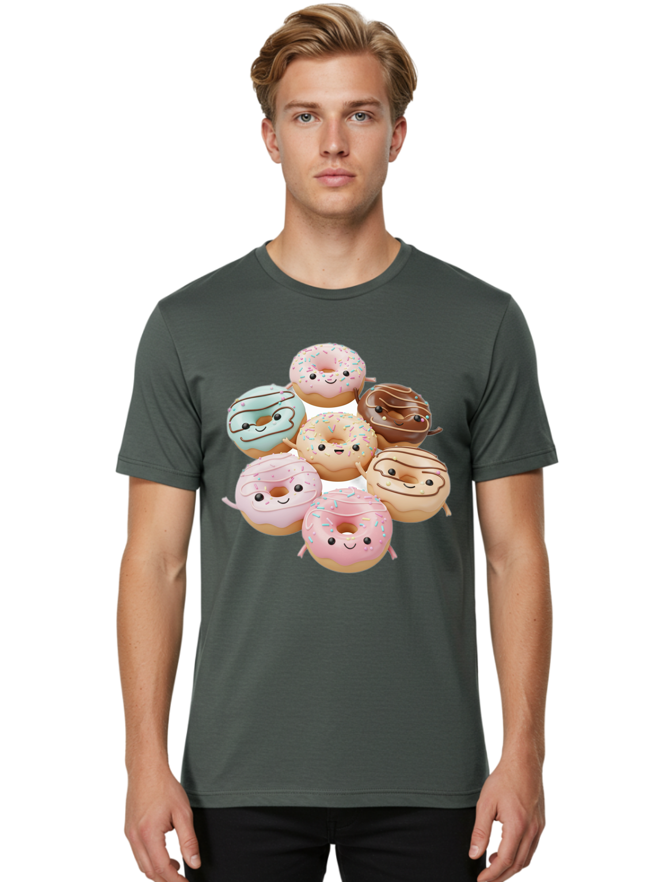 Donut-Friends Men'S Graphic Tee, 100% Cotton, Comfortable Casual Summer Wear, Machine Washable, Donuts With Faces, Adorable Donuts, Cartoon Donuts, Anthropomorphic Donuts, Plush Donuts, Donut Soft Toys, Colorful Donuts, Chocolate Donuts, Baa507