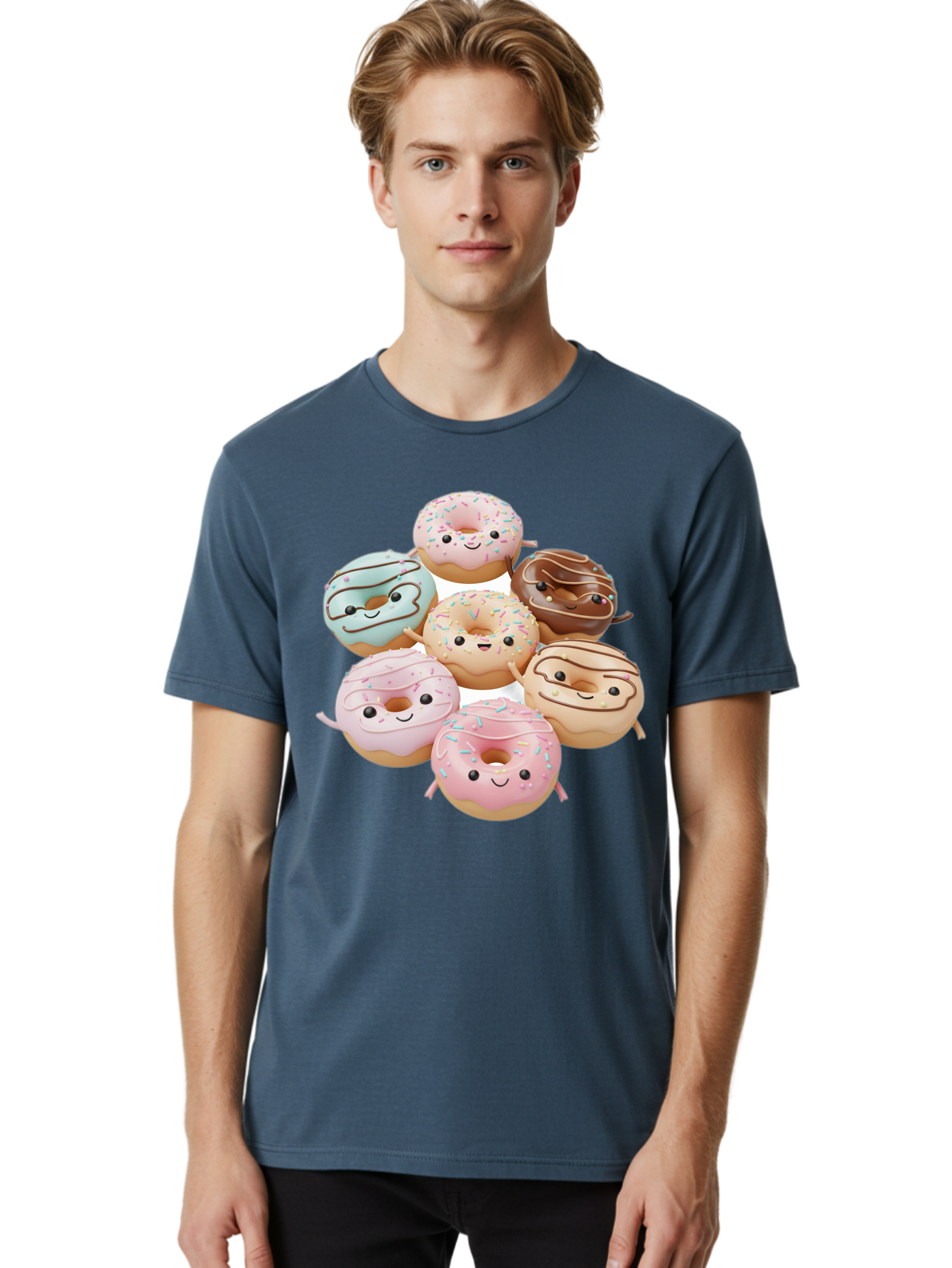 Donut-Friends Men'S Graphic Tee, 100% Cotton, Comfortable Casual Summer Wear, Machine Washable, Donuts With Faces, Adorable Donuts, Cartoon Donuts, Anthropomorphic Donuts, Plush Donuts, Donut Soft Toys, Colorful Donuts, Chocolate Donuts, Baa507