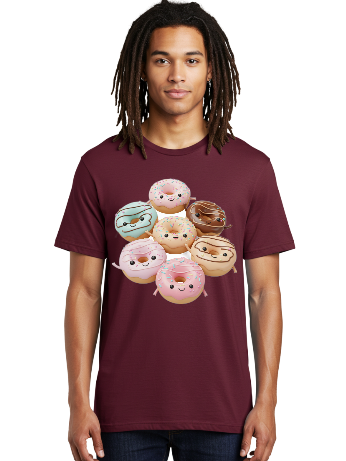 Donut-Friends Men'S Graphic Tee, 100% Cotton, Comfortable Casual Summer Wear, Machine Washable, Donuts With Faces, Adorable Donuts, Cartoon Donuts, Anthropomorphic Donuts, Plush Donuts, Donut Soft Toys, Colorful Donuts, Chocolate Donuts, Baa507