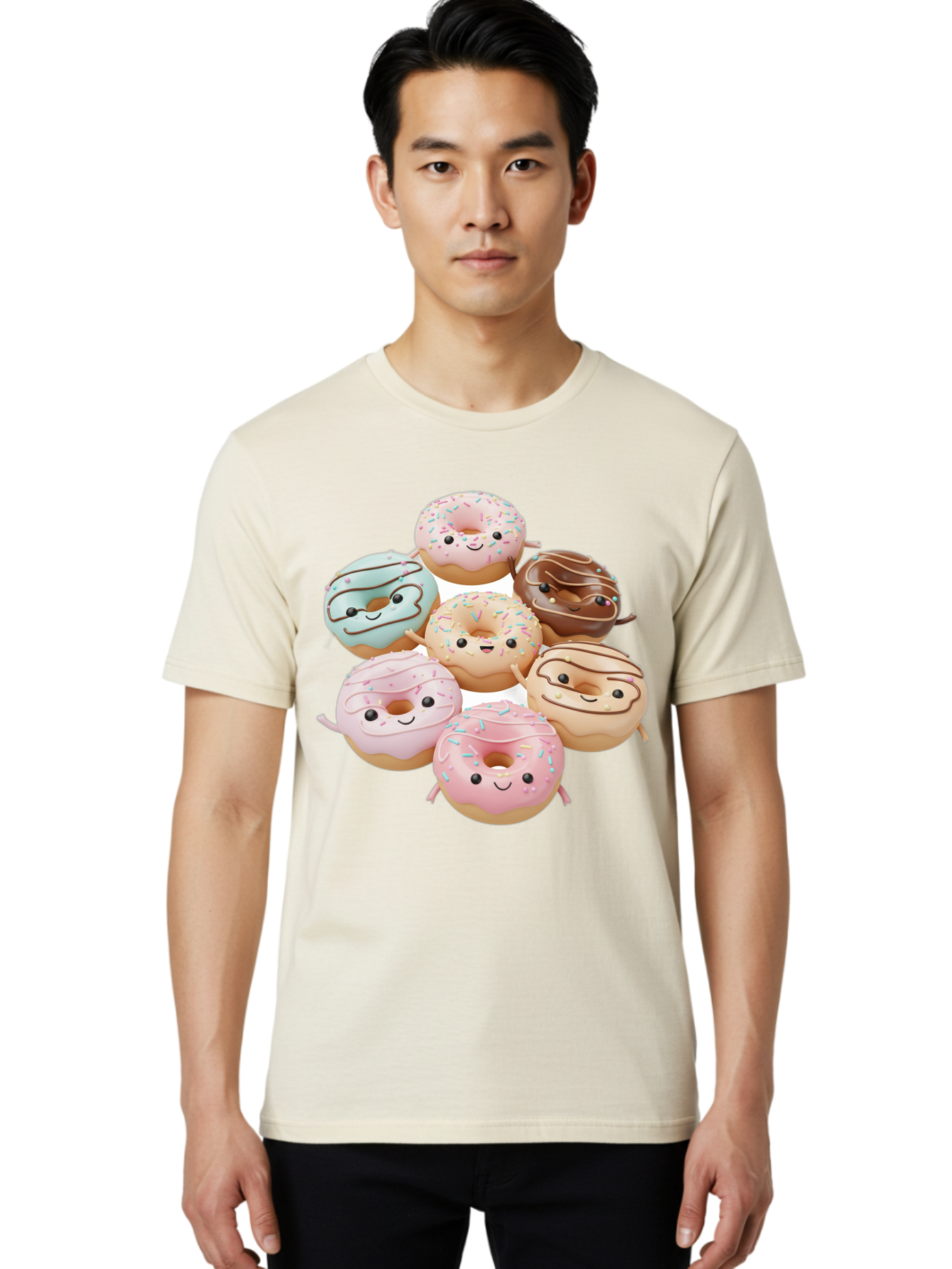 Donut-Friends Men'S Graphic Tee, 100% Cotton, Comfortable Casual Summer Wear, Machine Washable, Donuts With Faces, Adorable Donuts, Cartoon Donuts, Anthropomorphic Donuts, Plush Donuts, Donut Soft Toys, Colorful Donuts, Chocolate Donuts, Baa507