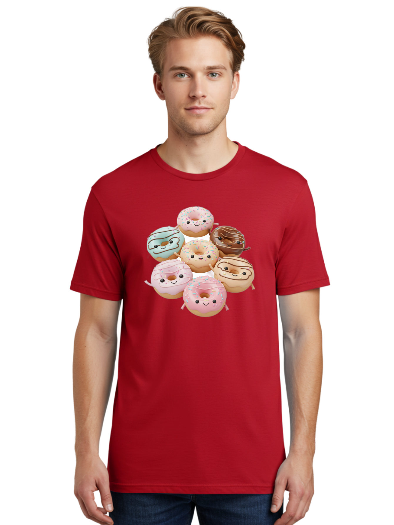 Donut-Friends Men'S Graphic Tee, 100% Cotton, Comfortable Casual Summer Wear, Machine Washable, Donuts With Faces, Adorable Donuts, Cartoon Donuts, Anthropomorphic Donuts, Plush Donuts, Donut Soft Toys, Colorful Donuts, Chocolate Donuts, Baa507