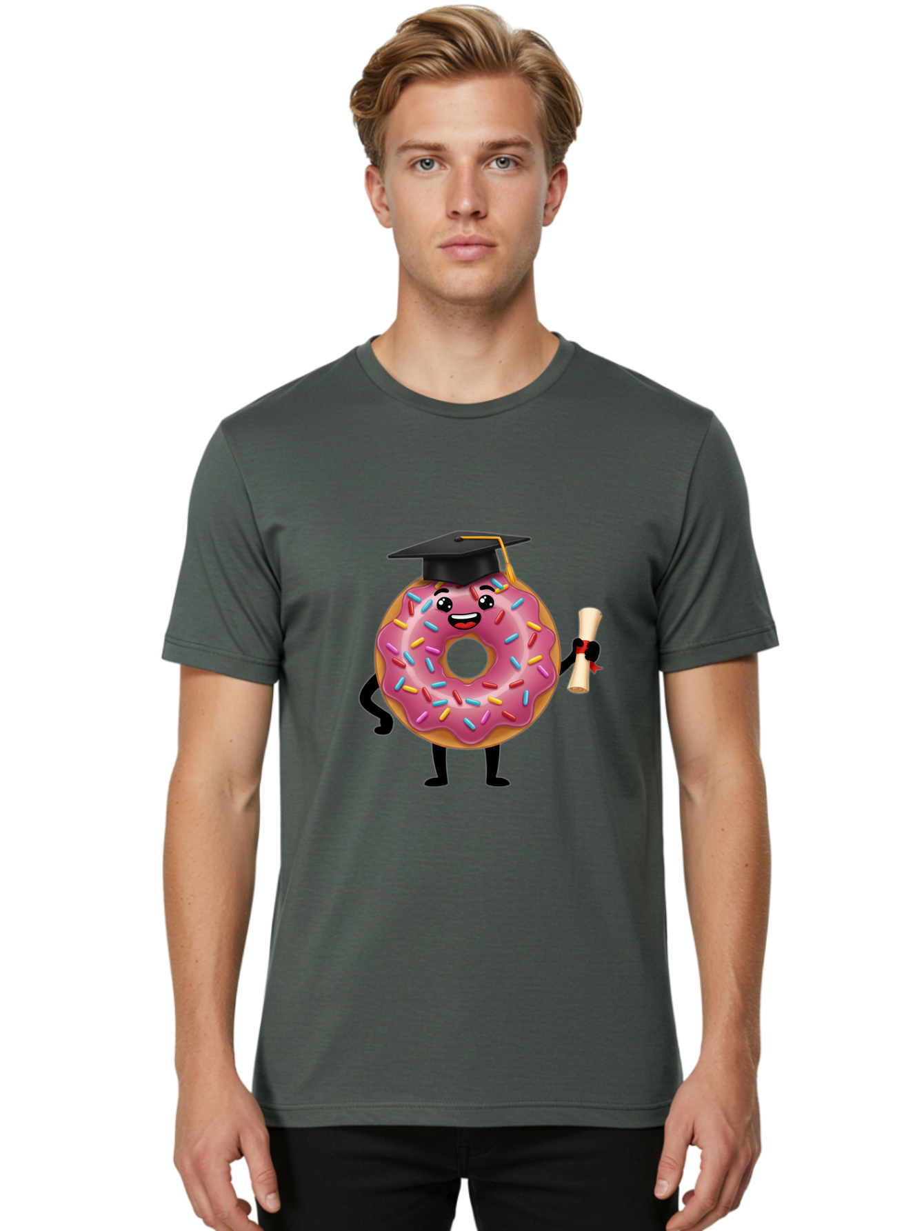 Donut-Graduate Men'S Graphic Tee, 100% Cotton, Comfortable Casual Summer Wear, Machine Washable, Pink Donut With Sprinkles, Graduation Cap, Diploma, Cartoon Character, Sweet Success, Graduation Day, Fun Illustration, Happy Graduate, Baa508