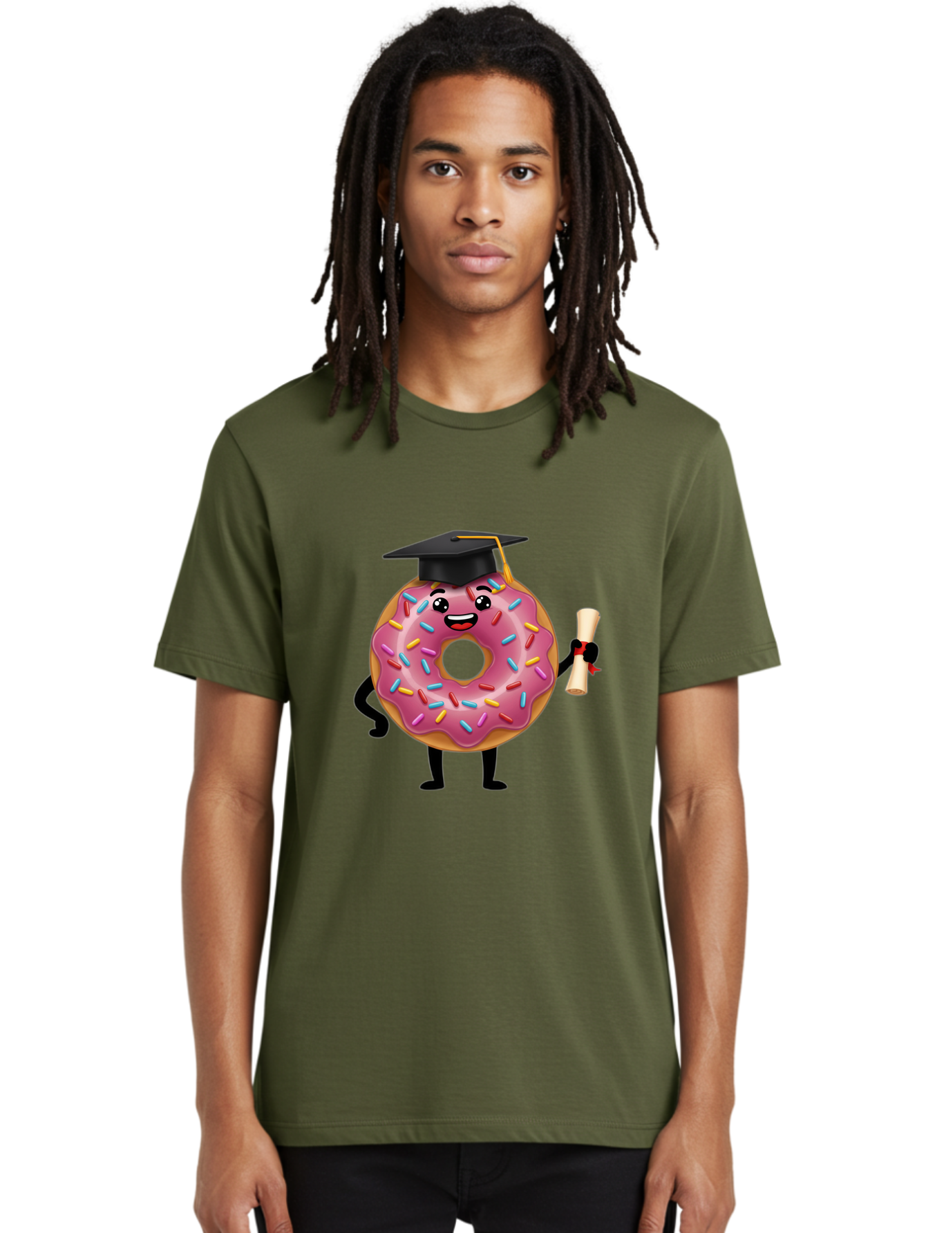 Donut-Graduate Men'S Graphic Tee, 100% Cotton, Comfortable Casual Summer Wear, Machine Washable, Pink Donut With Sprinkles, Graduation Cap, Diploma, Cartoon Character, Sweet Success, Graduation Day, Fun Illustration, Happy Graduate, Baa508