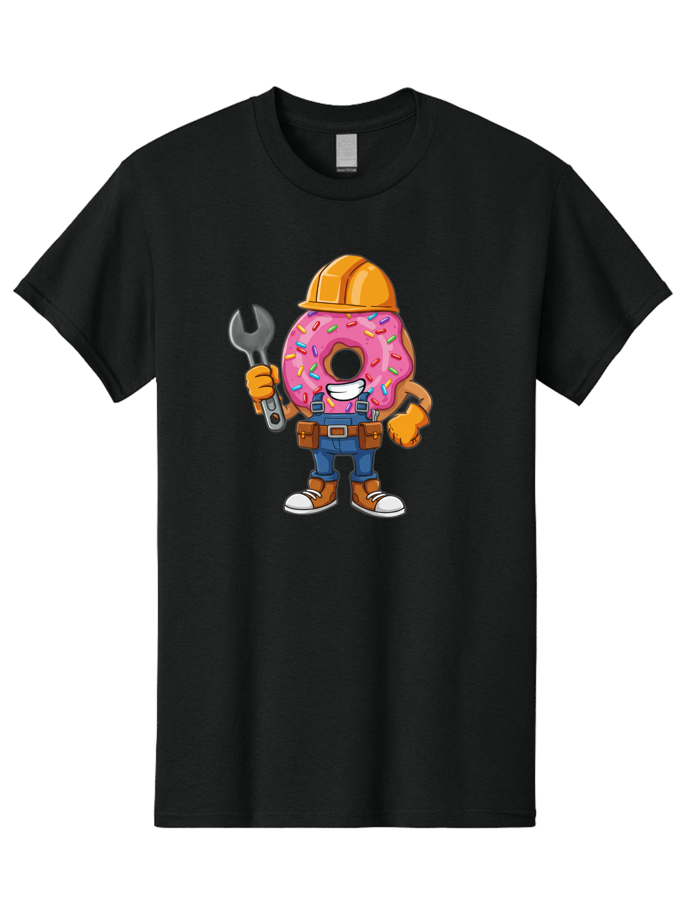 Donut-Handyman Men'S Graphic Tee, 100% Cotton, Comfortable Casual Summer Wear, Machine Washable, Pink Donut With Sprinkles, Construction Worker, Hard Hat, Wrench, Tool Belt, Blue Jeans, Work Boots, Donut Character, Tradesman, Funny Cartoon Baa509