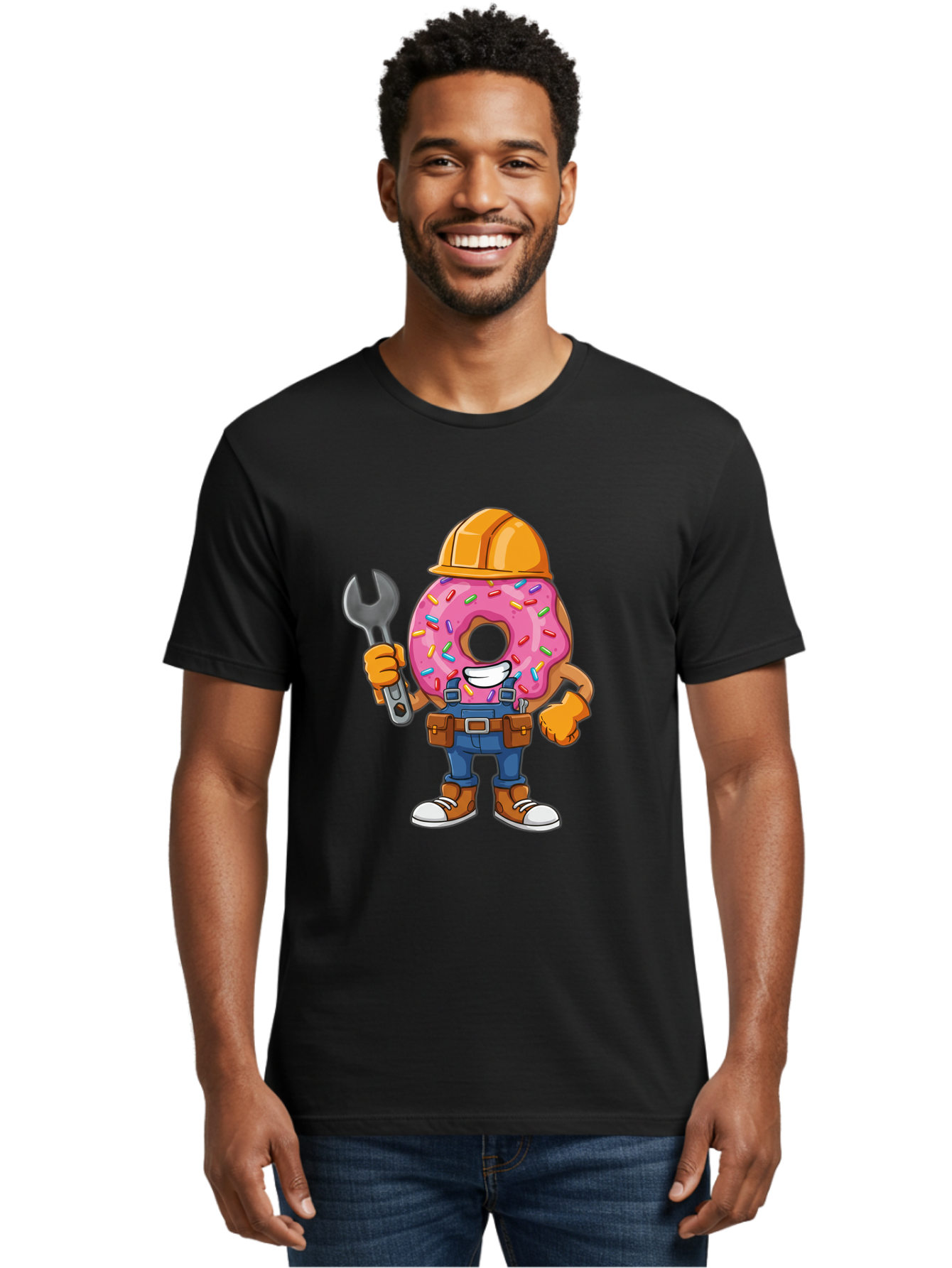 Donut-Handyman Men'S Graphic Tee, 100% Cotton, Comfortable Casual Summer Wear, Machine Washable, Pink Donut With Sprinkles, Construction Worker, Hard Hat, Wrench, Tool Belt, Blue Jeans, Work Boots, Donut Character, Tradesman, Funny Cartoon Baa509