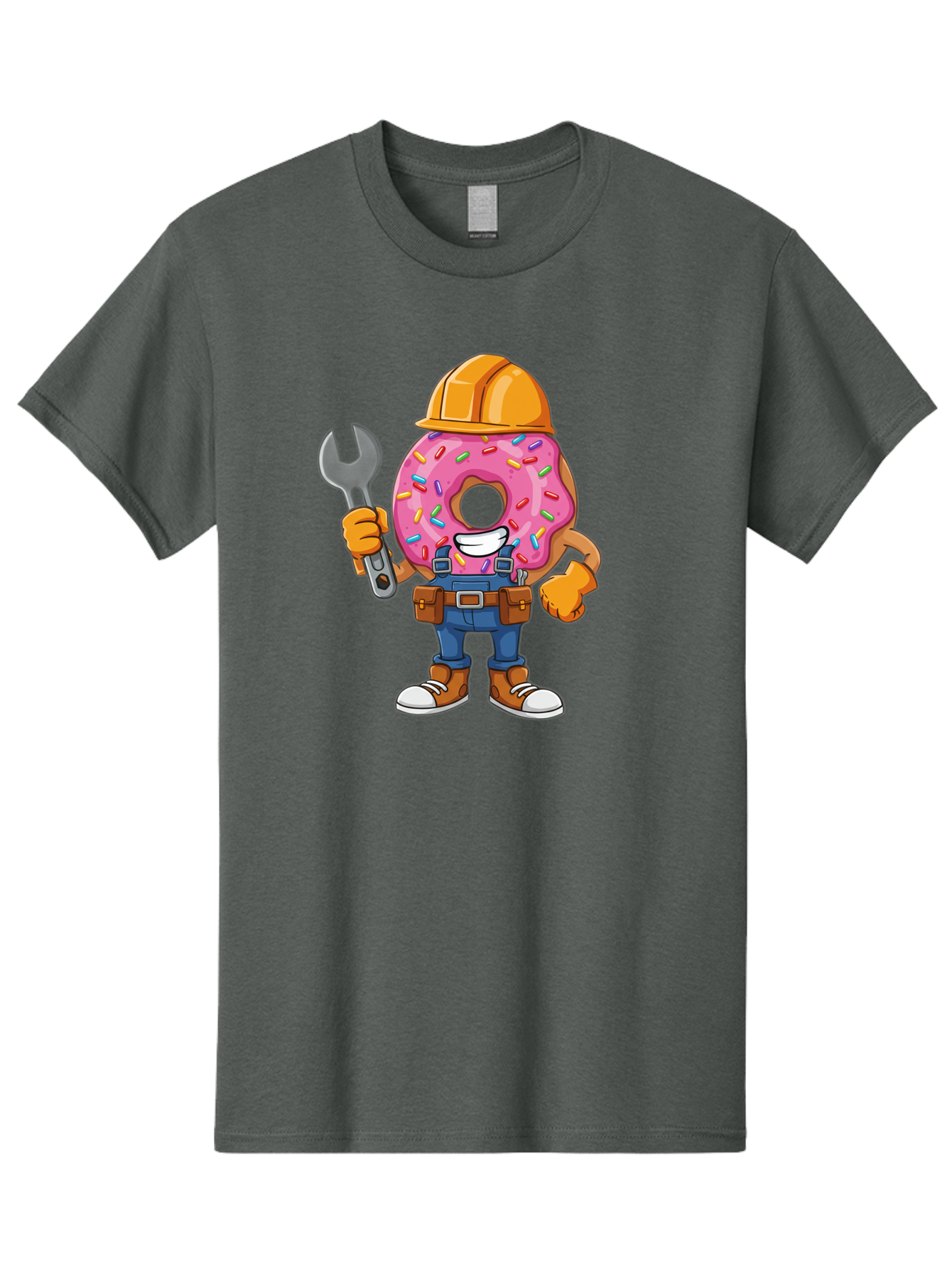 Donut-Handyman Men'S Graphic Tee, 100% Cotton, Comfortable Casual Summer Wear, Machine Washable, Pink Donut With Sprinkles, Construction Worker, Hard Hat, Wrench, Tool Belt, Blue Jeans, Work Boots, Donut Character, Tradesman, Funny Cartoon Baa509