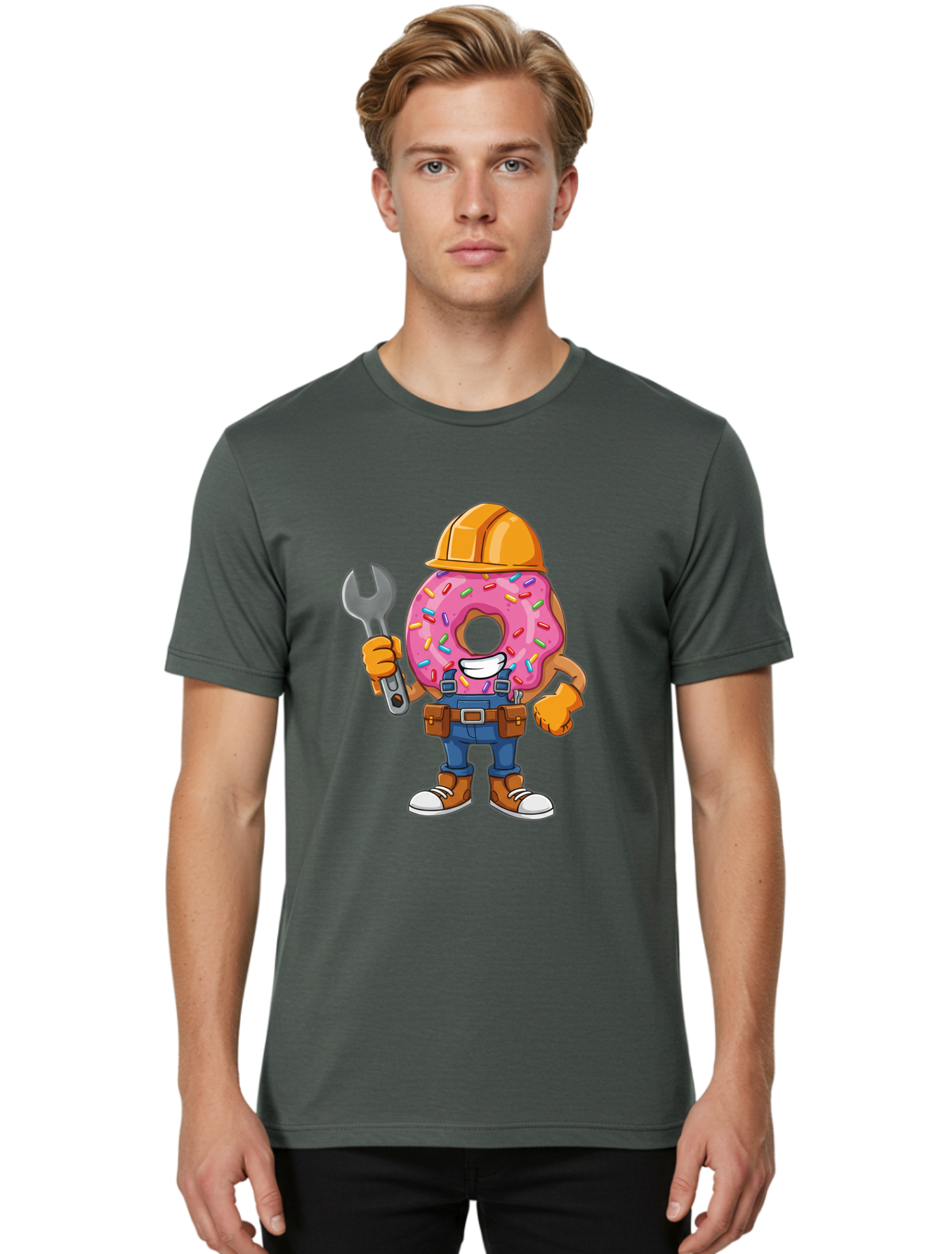 Donut-Handyman Men'S Graphic Tee, 100% Cotton, Comfortable Casual Summer Wear, Machine Washable, Pink Donut With Sprinkles, Construction Worker, Hard Hat, Wrench, Tool Belt, Blue Jeans, Work Boots, Donut Character, Tradesman, Funny Cartoon Baa509