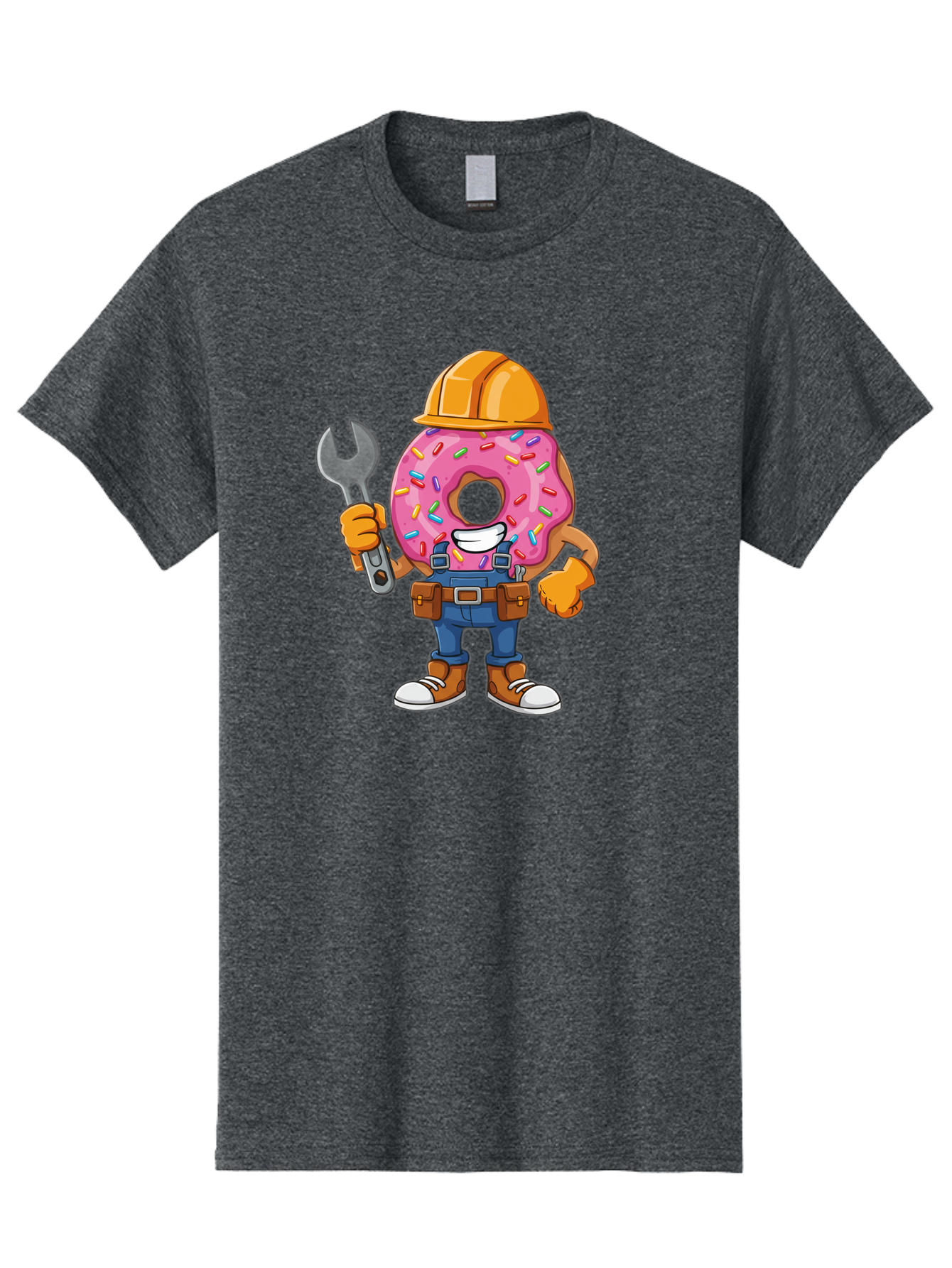 Donut-Handyman Men'S Graphic Tee, 100% Cotton, Comfortable Casual Summer Wear, Machine Washable, Pink Donut With Sprinkles, Construction Worker, Hard Hat, Wrench, Tool Belt, Blue Jeans, Work Boots, Donut Character, Tradesman, Funny Cartoon Baa509