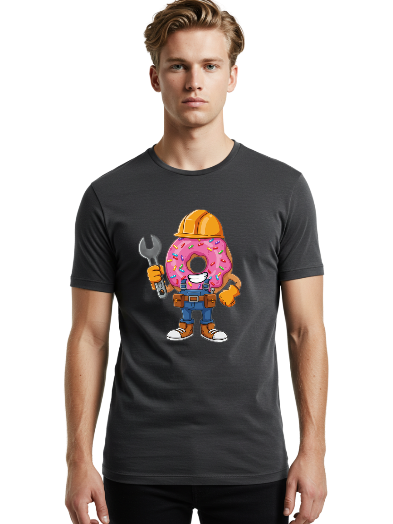 Donut-Handyman Men'S Graphic Tee, 100% Cotton, Comfortable Casual Summer Wear, Machine Washable, Pink Donut With Sprinkles, Construction Worker, Hard Hat, Wrench, Tool Belt, Blue Jeans, Work Boots, Donut Character, Tradesman, Funny Cartoon Baa509