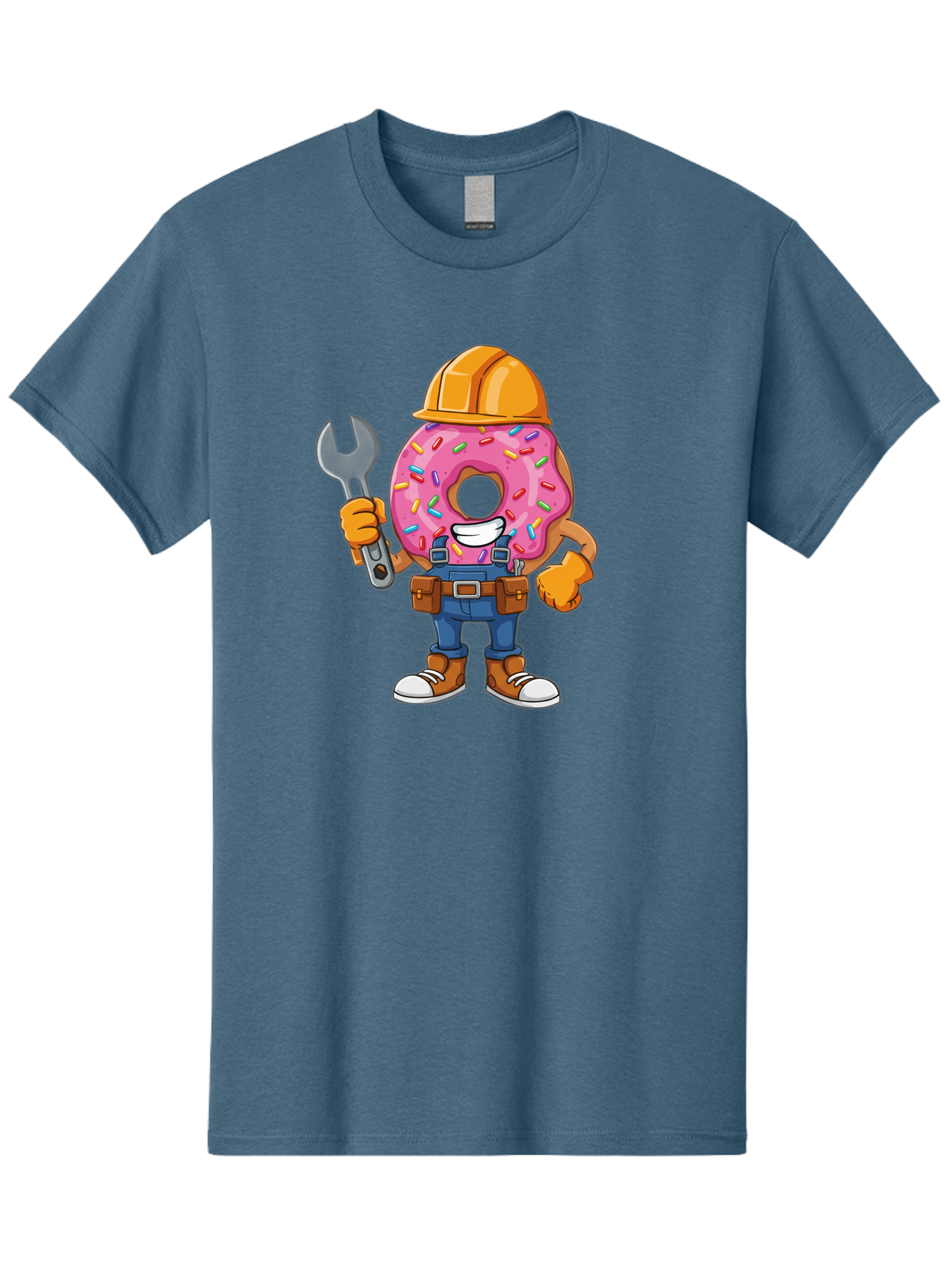 Donut-Handyman Men'S Graphic Tee, 100% Cotton, Comfortable Casual Summer Wear, Machine Washable, Pink Donut With Sprinkles, Construction Worker, Hard Hat, Wrench, Tool Belt, Blue Jeans, Work Boots, Donut Character, Tradesman, Funny Cartoon Baa509