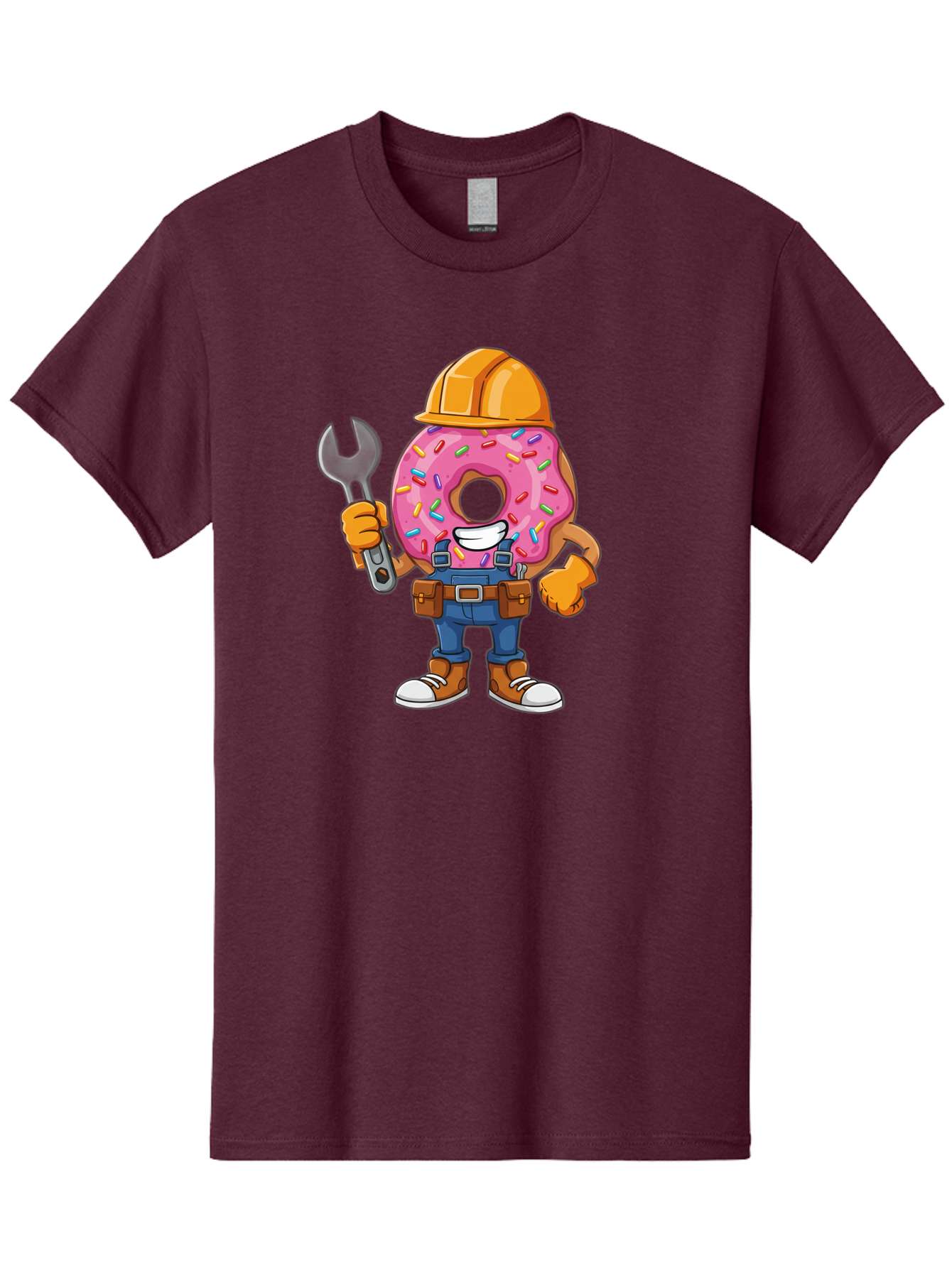 Donut-Handyman Men'S Graphic Tee, 100% Cotton, Comfortable Casual Summer Wear, Machine Washable, Pink Donut With Sprinkles, Construction Worker, Hard Hat, Wrench, Tool Belt, Blue Jeans, Work Boots, Donut Character, Tradesman, Funny Cartoon Baa509