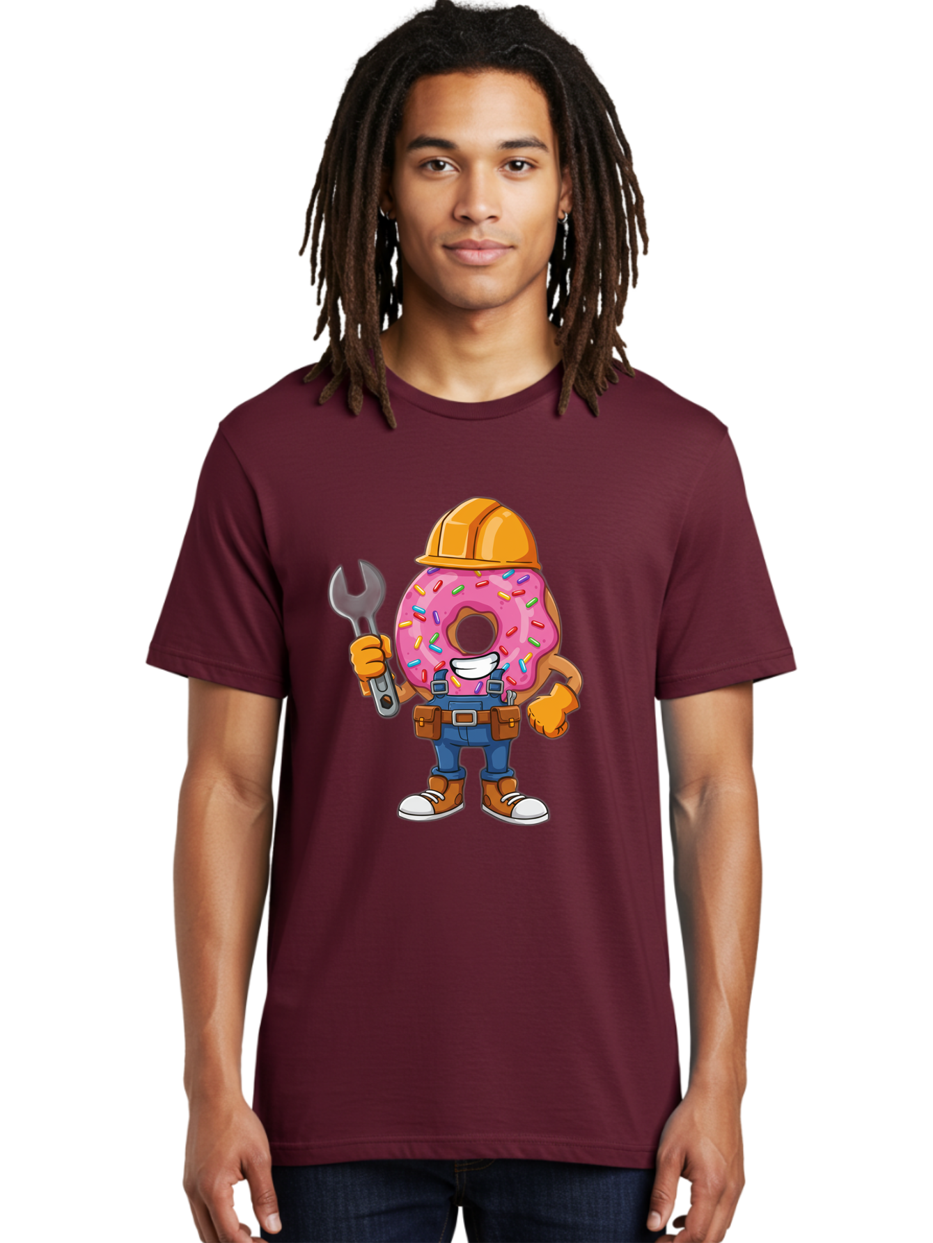 Donut-Handyman Men'S Graphic Tee, 100% Cotton, Comfortable Casual Summer Wear, Machine Washable, Pink Donut With Sprinkles, Construction Worker, Hard Hat, Wrench, Tool Belt, Blue Jeans, Work Boots, Donut Character, Tradesman, Funny Cartoon Baa509