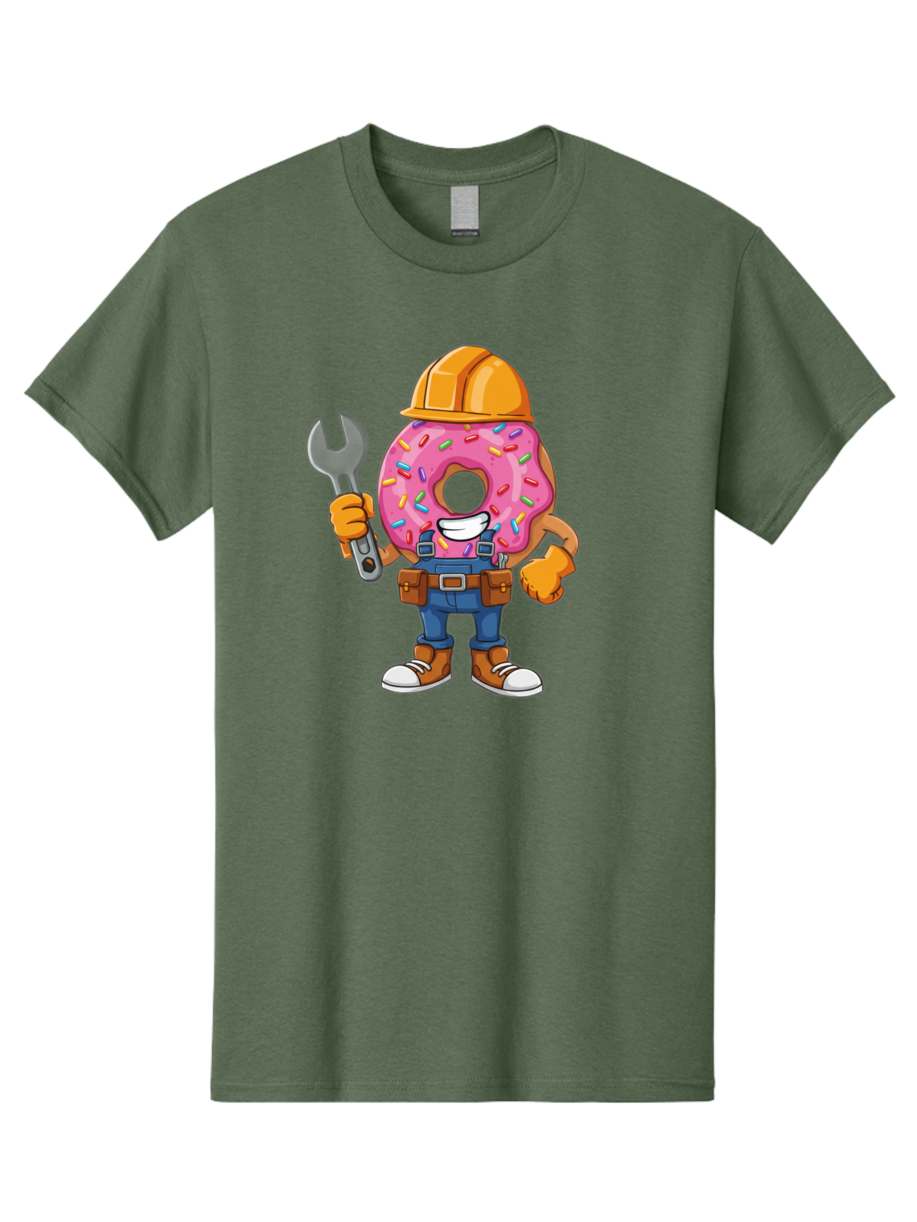 Donut-Handyman Men'S Graphic Tee, 100% Cotton, Comfortable Casual Summer Wear, Machine Washable, Pink Donut With Sprinkles, Construction Worker, Hard Hat, Wrench, Tool Belt, Blue Jeans, Work Boots, Donut Character, Tradesman, Funny Cartoon Baa509