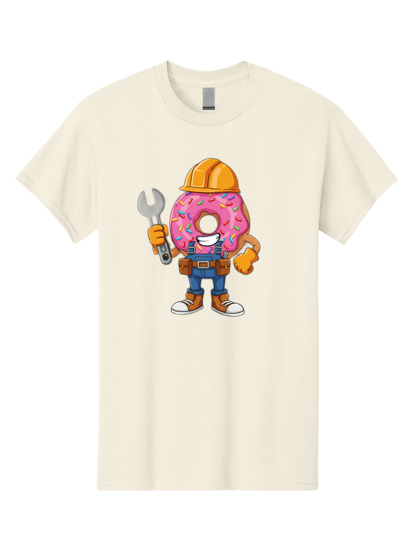 Donut-Handyman Men'S Graphic Tee, 100% Cotton, Comfortable Casual Summer Wear, Machine Washable, Pink Donut With Sprinkles, Construction Worker, Hard Hat, Wrench, Tool Belt, Blue Jeans, Work Boots, Donut Character, Tradesman, Funny Cartoon Baa509