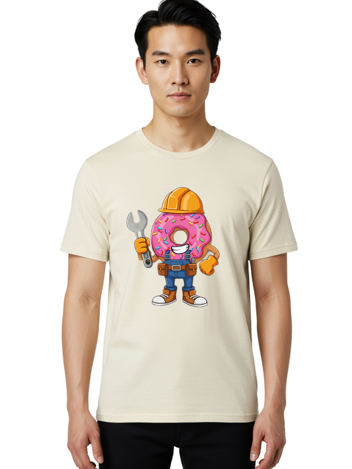 Donut-Handyman Men'S Graphic Tee, 100% Cotton, Comfortable Casual Summer Wear, Machine Washable, Pink Donut With Sprinkles, Construction Worker, Hard Hat, Wrench, Tool Belt, Blue Jeans, Work Boots, Donut Character, Tradesman, Funny Cartoon Baa509