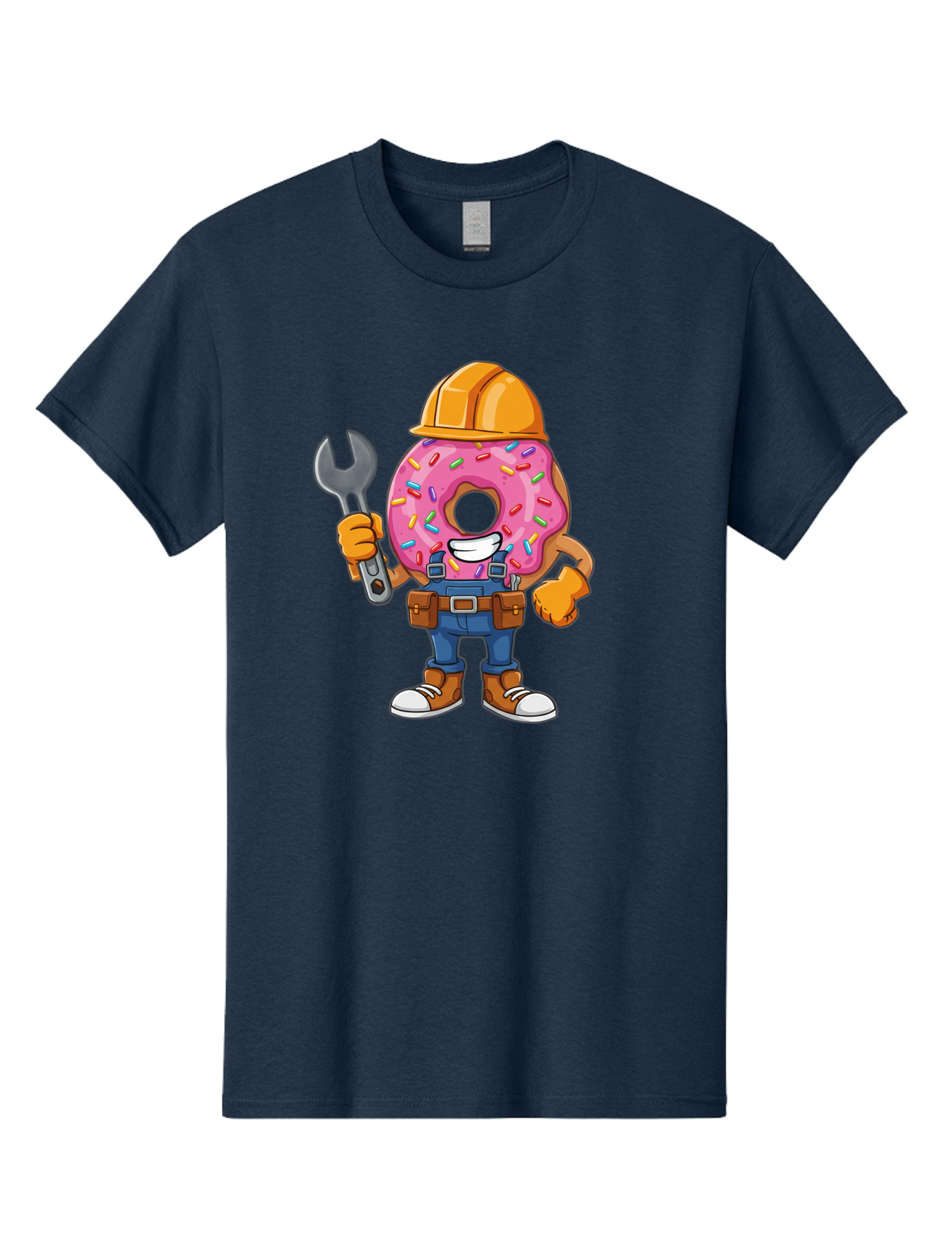 Donut-Handyman Men'S Graphic Tee, 100% Cotton, Comfortable Casual Summer Wear, Machine Washable, Pink Donut With Sprinkles, Construction Worker, Hard Hat, Wrench, Tool Belt, Blue Jeans, Work Boots, Donut Character, Tradesman, Funny Cartoon Baa509