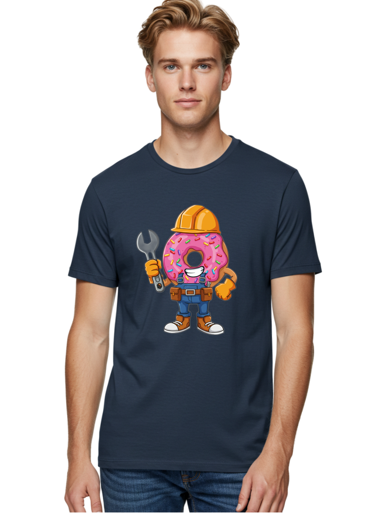 Donut-Handyman Men'S Graphic Tee, 100% Cotton, Comfortable Casual Summer Wear, Machine Washable, Pink Donut With Sprinkles, Construction Worker, Hard Hat, Wrench, Tool Belt, Blue Jeans, Work Boots, Donut Character, Tradesman, Funny Cartoon Baa509
