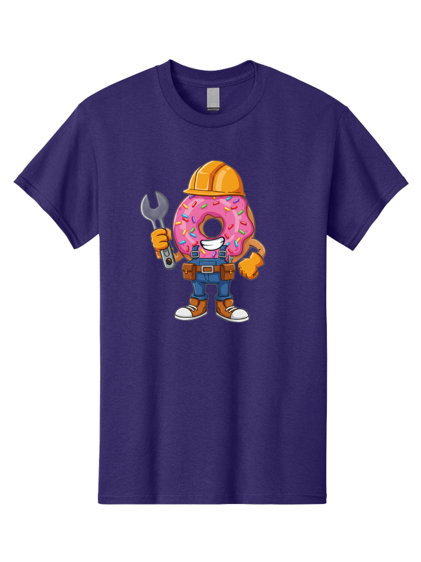 Donut-Handyman Men'S Graphic Tee, 100% Cotton, Comfortable Casual Summer Wear, Machine Washable, Pink Donut With Sprinkles, Construction Worker, Hard Hat, Wrench, Tool Belt, Blue Jeans, Work Boots, Donut Character, Tradesman, Funny Cartoon Baa509