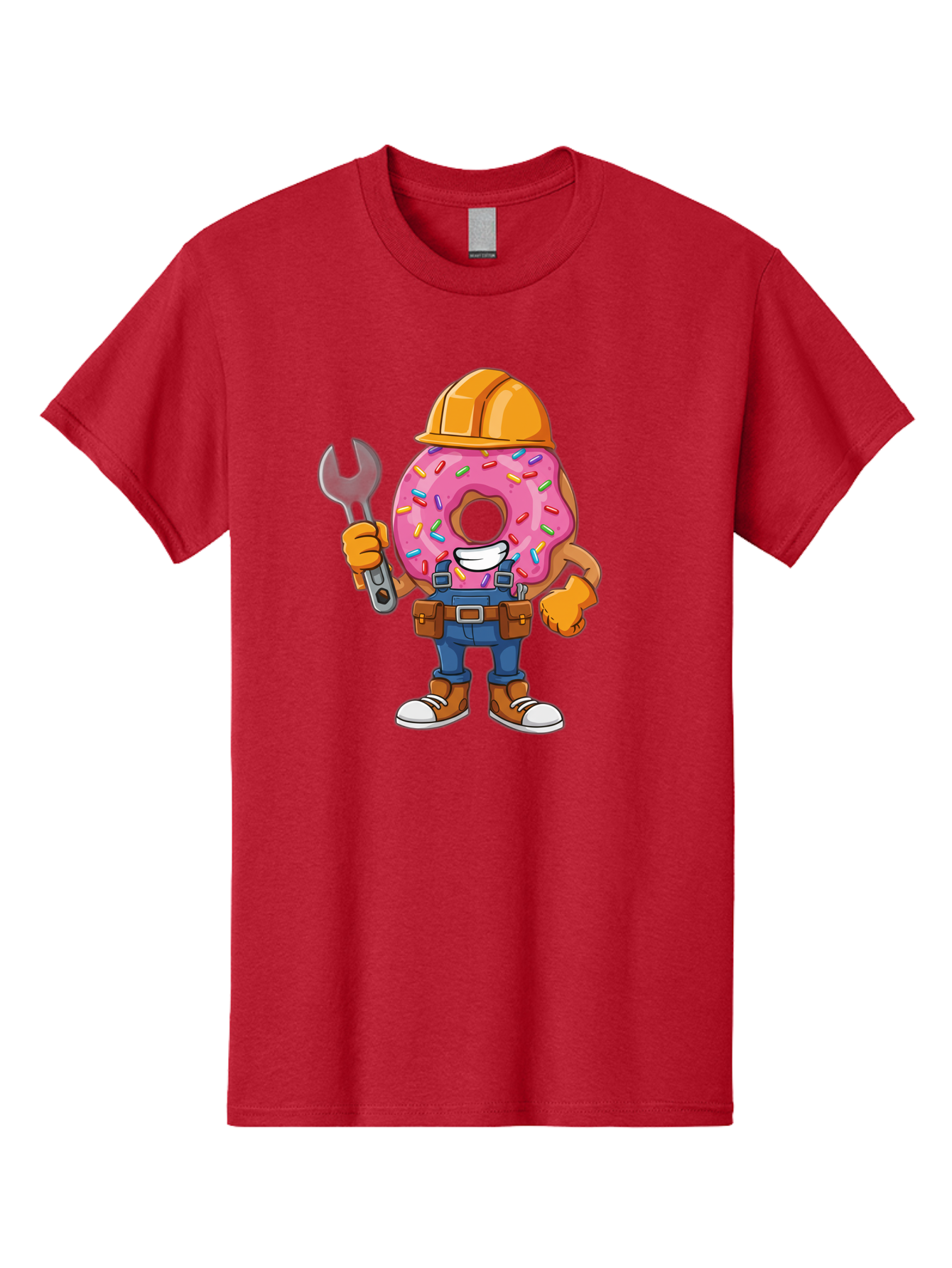 Donut-Handyman Men'S Graphic Tee, 100% Cotton, Comfortable Casual Summer Wear, Machine Washable, Pink Donut With Sprinkles, Construction Worker, Hard Hat, Wrench, Tool Belt, Blue Jeans, Work Boots, Donut Character, Tradesman, Funny Cartoon Baa509
