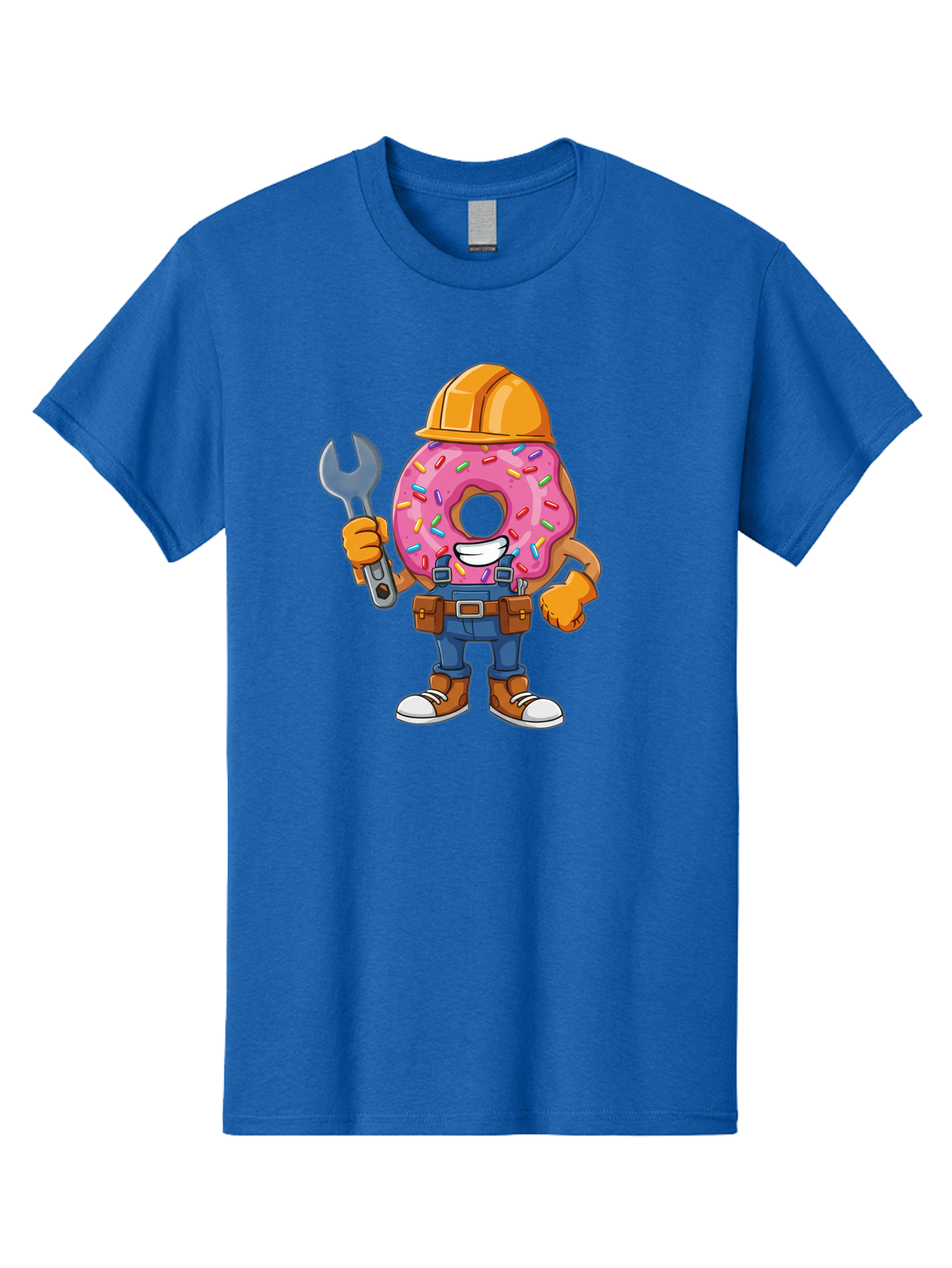 Donut-Handyman Men'S Graphic Tee, 100% Cotton, Comfortable Casual Summer Wear, Machine Washable, Pink Donut With Sprinkles, Construction Worker, Hard Hat, Wrench, Tool Belt, Blue Jeans, Work Boots, Donut Character, Tradesman, Funny Cartoon Baa509