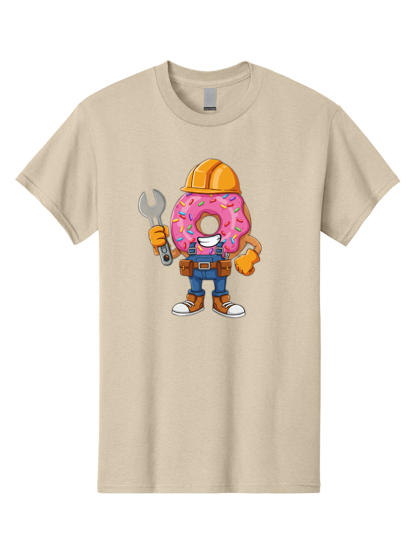 Donut-Handyman Men'S Graphic Tee, 100% Cotton, Comfortable Casual Summer Wear, Machine Washable, Pink Donut With Sprinkles, Construction Worker, Hard Hat, Wrench, Tool Belt, Blue Jeans, Work Boots, Donut Character, Tradesman, Funny Cartoon Baa509
