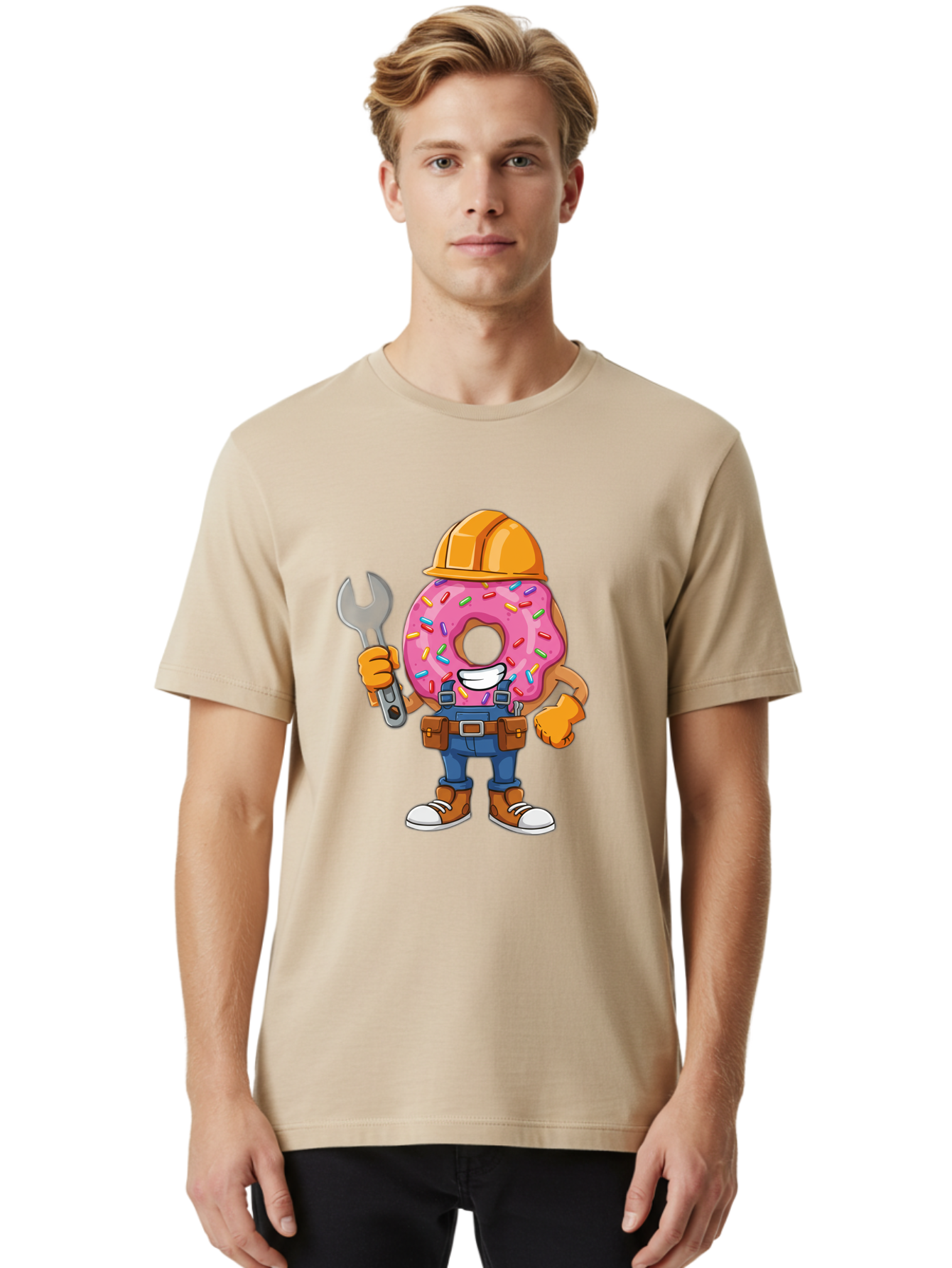 Donut-Handyman Men'S Graphic Tee, 100% Cotton, Comfortable Casual Summer Wear, Machine Washable, Pink Donut With Sprinkles, Construction Worker, Hard Hat, Wrench, Tool Belt, Blue Jeans, Work Boots, Donut Character, Tradesman, Funny Cartoon Baa509