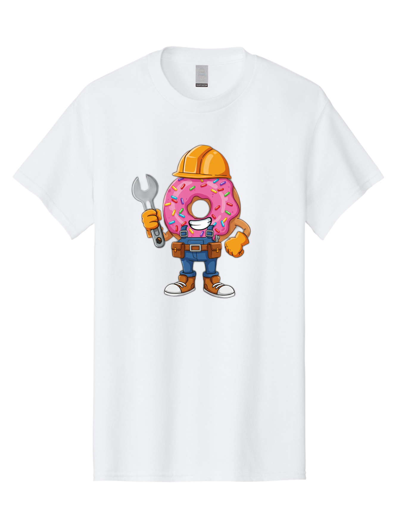 Donut-Handyman Men'S Graphic Tee, 100% Cotton, Comfortable Casual Summer Wear, Machine Washable, Pink Donut With Sprinkles, Construction Worker, Hard Hat, Wrench, Tool Belt, Blue Jeans, Work Boots, Donut Character, Tradesman, Funny Cartoon Baa509