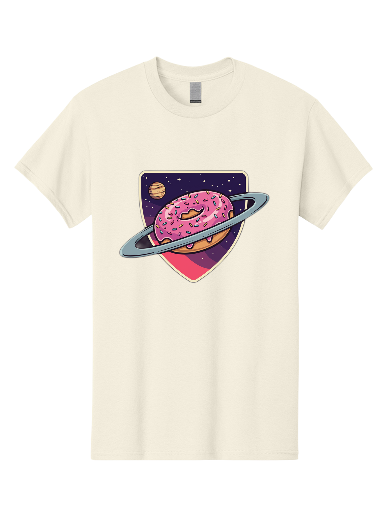 Donut-Planet Men'S Graphic Tee, 100% Cotton, Comfortable Casual Summer Wear, Machine Washable, Donut Saturn, Pink Frosted Donut, Sprinkles, Ringed Donut, Planet, Stars, Purple Shield, Whimsical, Fantastical, Surreal, Dessert Art, Sweet Treats, Baa510