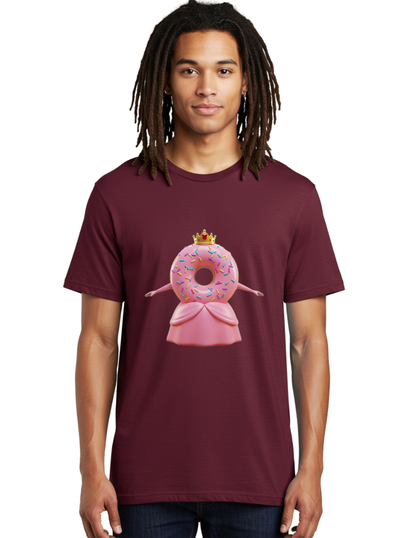 Donut-Princess Men'S Graphic Tee, 100% Cotton, Comfortable Casual Summer Wear, Machine Washable, Pink Donut With Sprinkles, Royal Crown, Princess Dress, Sweet Treat, Whimsical Character, Cartoon Style, Pastel Colors, Cute Illustration, Baa511