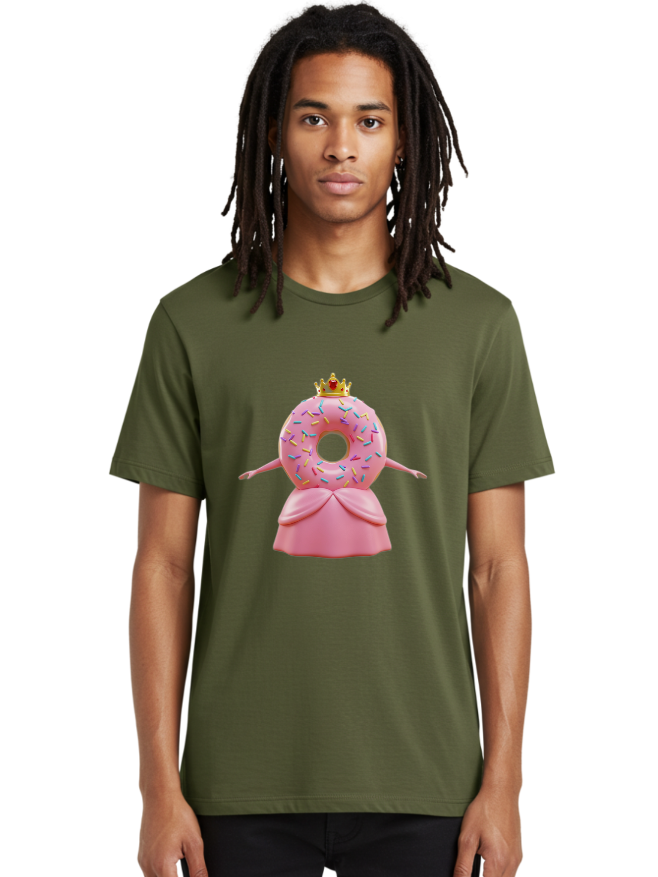 Donut-Princess Men'S Graphic Tee, 100% Cotton, Comfortable Casual Summer Wear, Machine Washable, Pink Donut With Sprinkles, Royal Crown, Princess Dress, Sweet Treat, Whimsical Character, Cartoon Style, Pastel Colors, Cute Illustration, Baa511