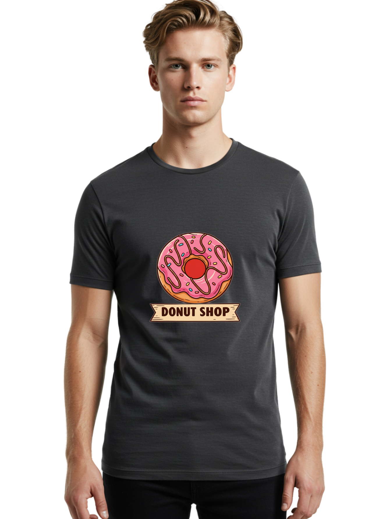 Donut-Shop-1 Men'S Graphic Tee, 100% Cotton, Comfortable Casual Summer Wear, Machine Washable, Pink Frosted Donut, Sprinkles, Sweet Treats, Donut Shop, Baked Goods, Tasty Pastries, Colorful Dessert, Indulgent Snack, Donut Lovers Baa512