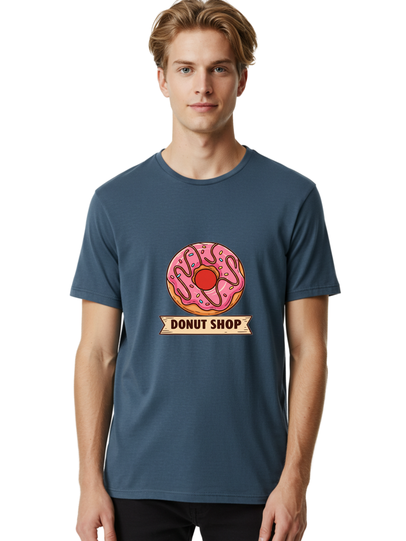 Donut-Shop-1 Men'S Graphic Tee, 100% Cotton, Comfortable Casual Summer Wear, Machine Washable, Pink Frosted Donut, Sprinkles, Sweet Treats, Donut Shop, Baked Goods, Tasty Pastries, Colorful Dessert, Indulgent Snack, Donut Lovers Baa512