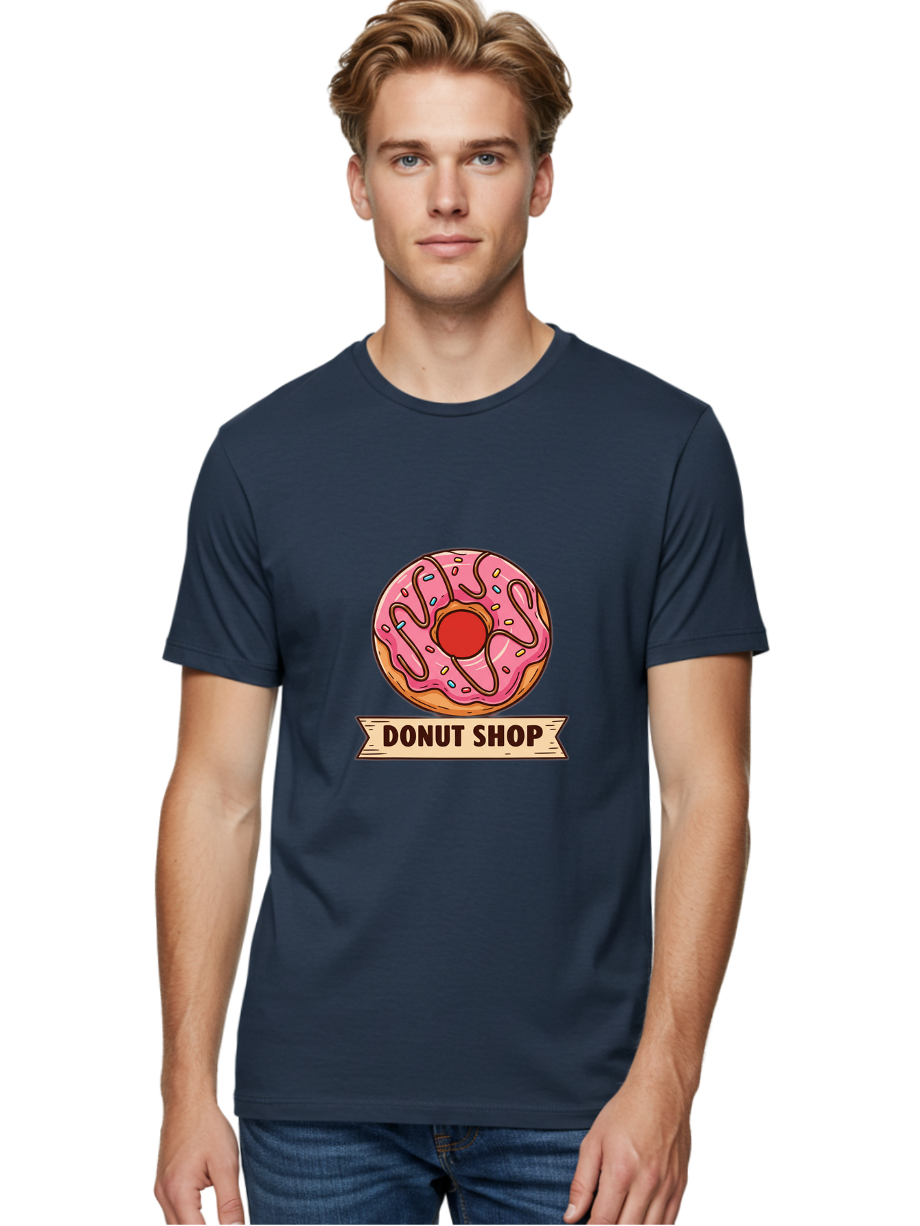 Donut-Shop-1 Men'S Graphic Tee, 100% Cotton, Comfortable Casual Summer Wear, Machine Washable, Pink Frosted Donut, Sprinkles, Sweet Treats, Donut Shop, Baked Goods, Tasty Pastries, Colorful Dessert, Indulgent Snack, Donut Lovers Baa512