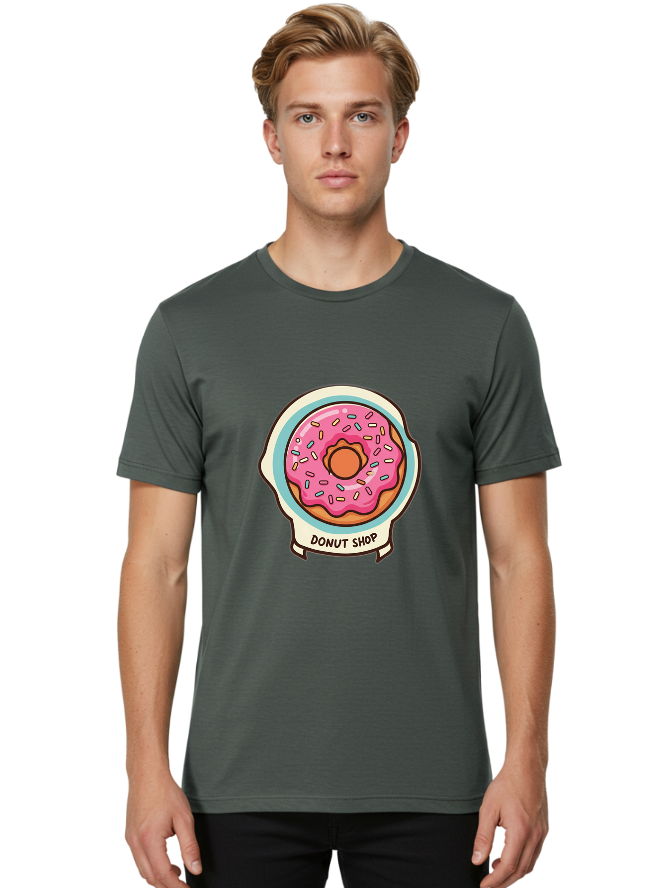 Donut-Shop Men'S Graphic Tee, 100% Cotton, Comfortable Casual Summer Wear, Machine Washable, Donut Shop, Pink Frosted Donut, Sprinkles, Sweet Treats, Baked Goods, Tasty Pastries, Donut Lover, Dessert Shop Baa513