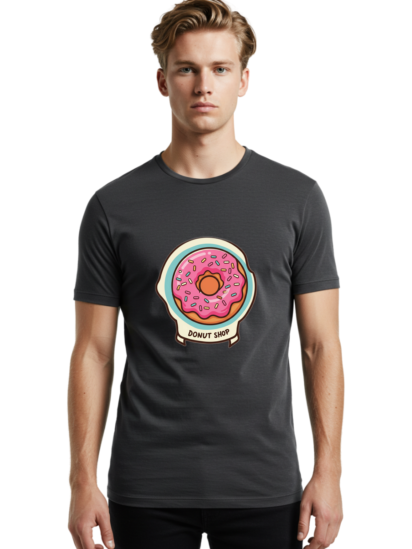 Donut-Shop Men'S Graphic Tee, 100% Cotton, Comfortable Casual Summer Wear, Machine Washable, Donut Shop, Pink Frosted Donut, Sprinkles, Sweet Treats, Baked Goods, Tasty Pastries, Donut Lover, Dessert Shop Baa513