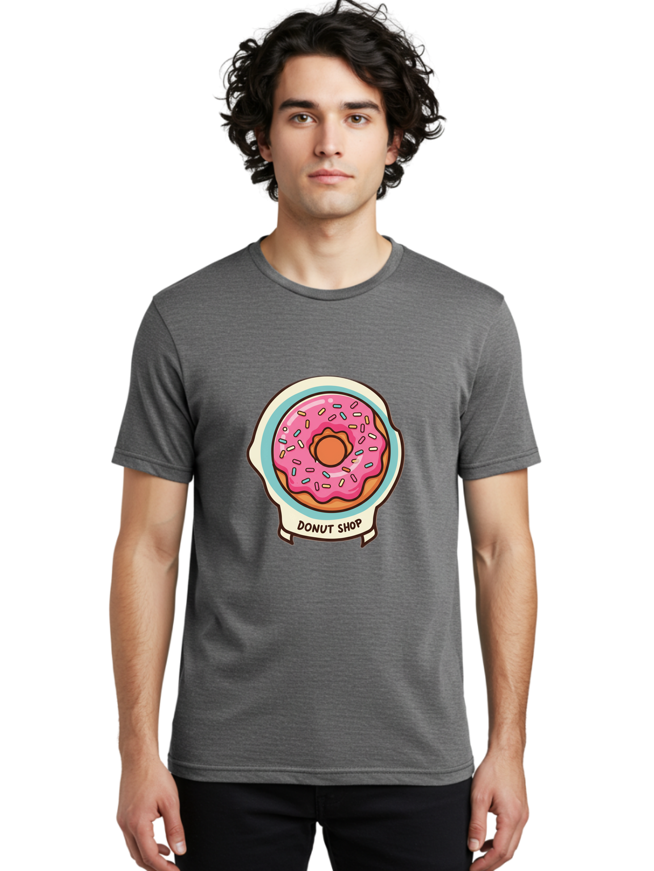 Donut-Shop Men'S Graphic Tee, 100% Cotton, Comfortable Casual Summer Wear, Machine Washable, Donut Shop, Pink Frosted Donut, Sprinkles, Sweet Treats, Baked Goods, Tasty Pastries, Donut Lover, Dessert Shop Baa513