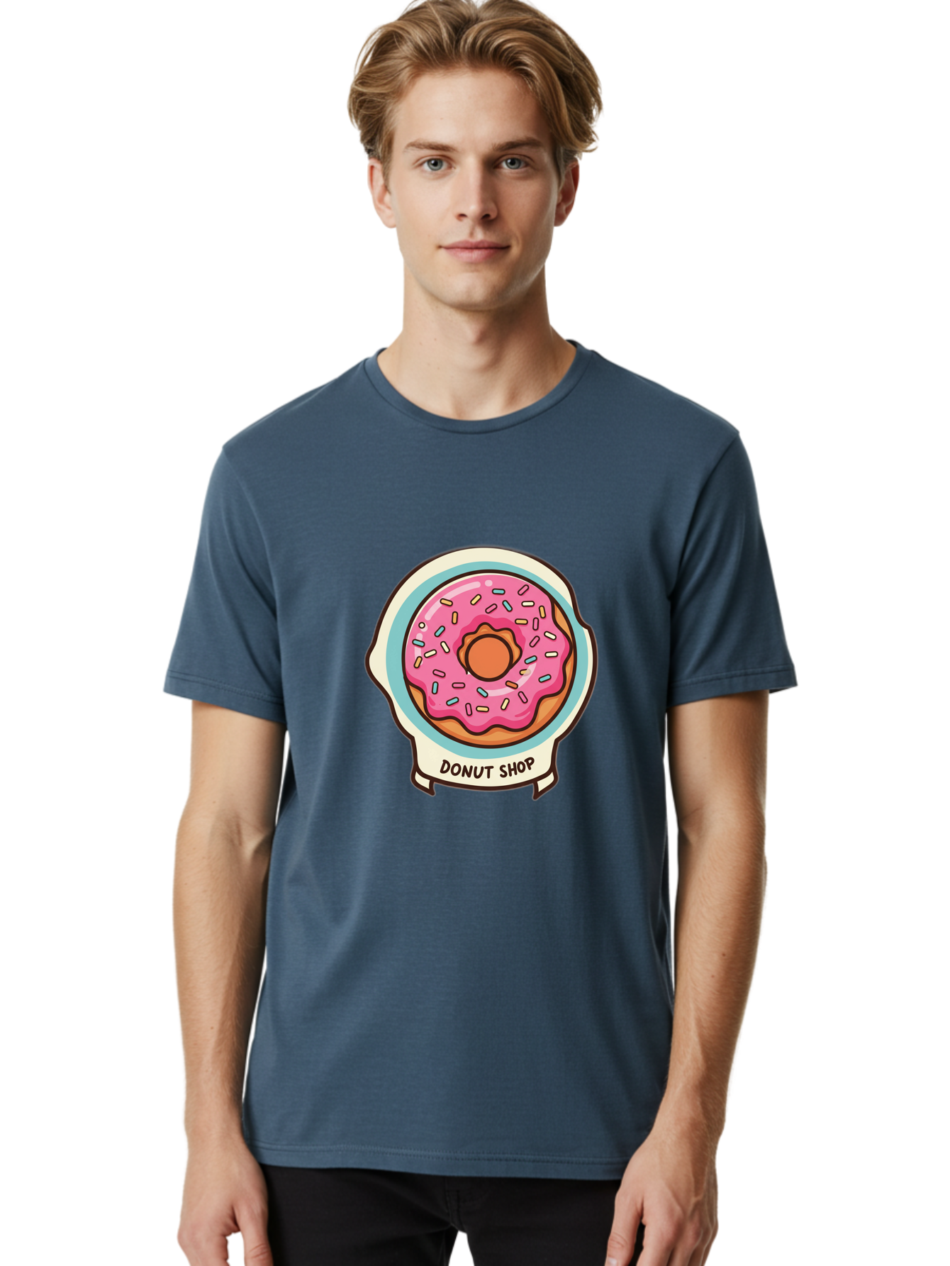 Donut-Shop Men'S Graphic Tee, 100% Cotton, Comfortable Casual Summer Wear, Machine Washable, Donut Shop, Pink Frosted Donut, Sprinkles, Sweet Treats, Baked Goods, Tasty Pastries, Donut Lover, Dessert Shop Baa513
