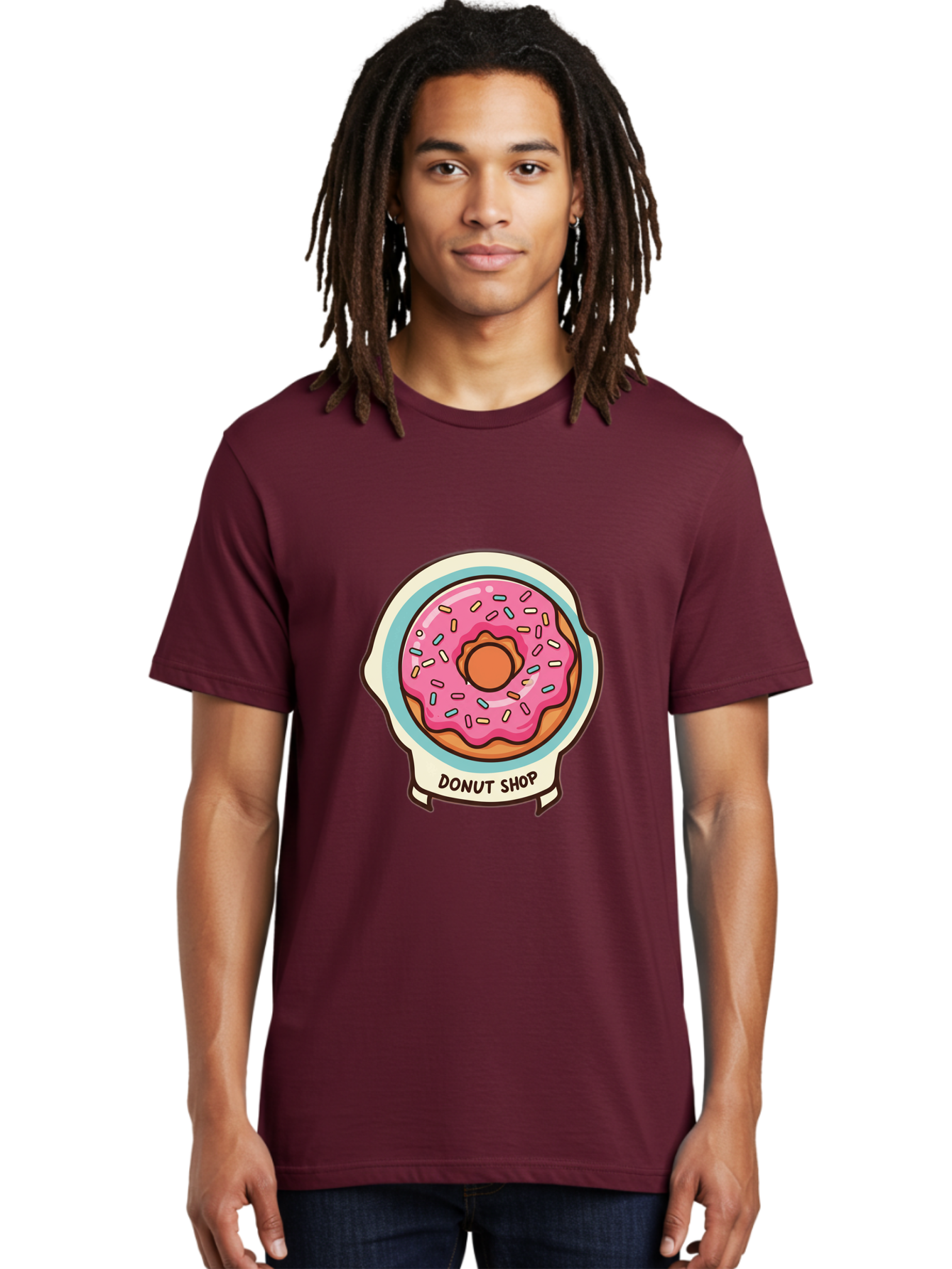Donut-Shop Men'S Graphic Tee, 100% Cotton, Comfortable Casual Summer Wear, Machine Washable, Donut Shop, Pink Frosted Donut, Sprinkles, Sweet Treats, Baked Goods, Tasty Pastries, Donut Lover, Dessert Shop Baa513