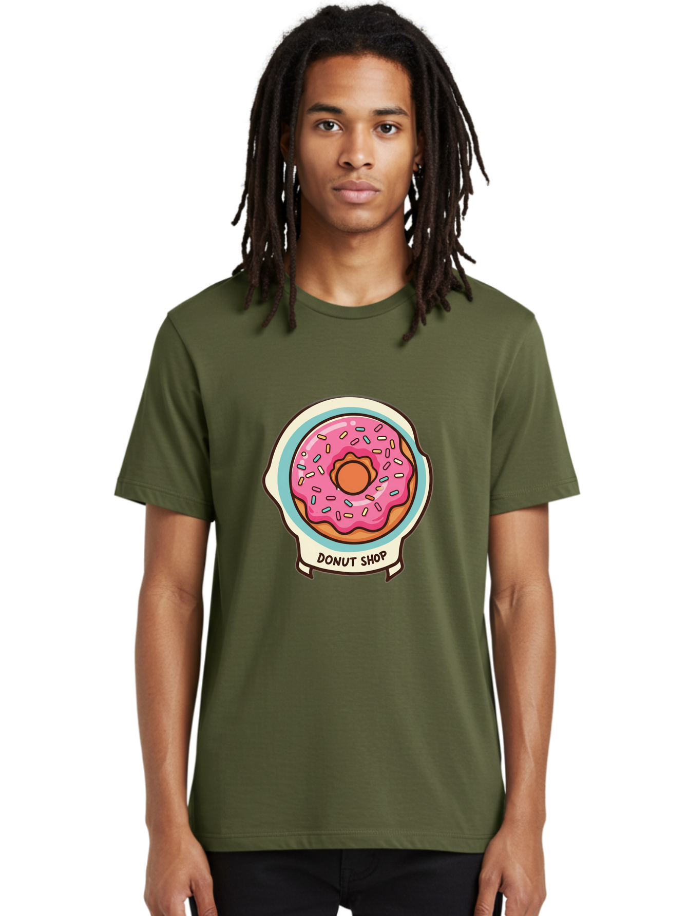 Donut-Shop Men'S Graphic Tee, 100% Cotton, Comfortable Casual Summer Wear, Machine Washable, Donut Shop, Pink Frosted Donut, Sprinkles, Sweet Treats, Baked Goods, Tasty Pastries, Donut Lover, Dessert Shop Baa513
