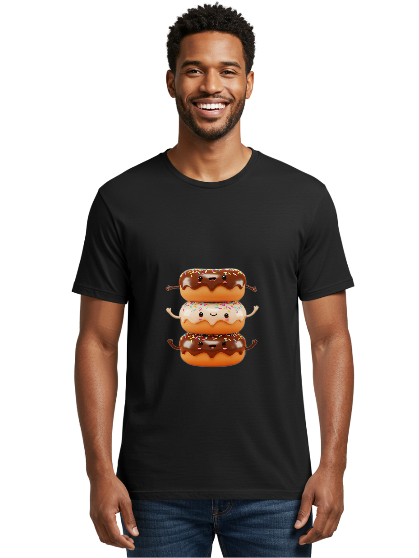 Donut-Stack Men'S Graphic Tee, 100% Cotton, Comfortable Casual Summer Wear, Machine Washable, Stacked Donuts, Chocolate Glazed Donut, Sprinkles Donut, Smiling Faces, Colorful Sweets, Playful Pastries, Sweet Treats, Dessert Lovers, Donut Stack, Baa514