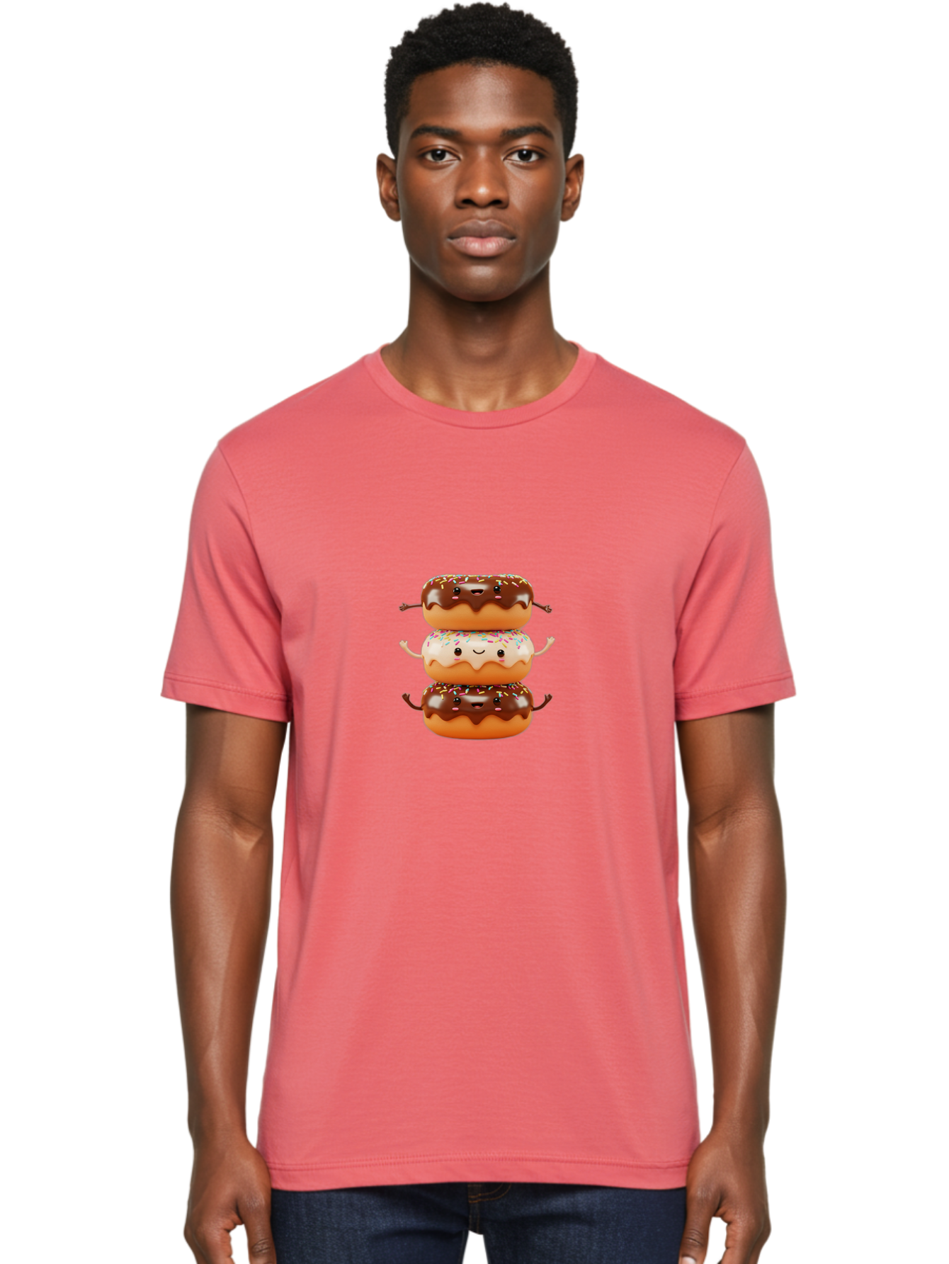Donut-Stack Men'S Graphic Tee, 100% Cotton, Comfortable Casual Summer Wear, Machine Washable, Stacked Donuts, Chocolate Glazed Donut, Sprinkles Donut, Smiling Faces, Colorful Sweets, Playful Pastries, Sweet Treats, Dessert Lovers, Donut Stack, Baa514