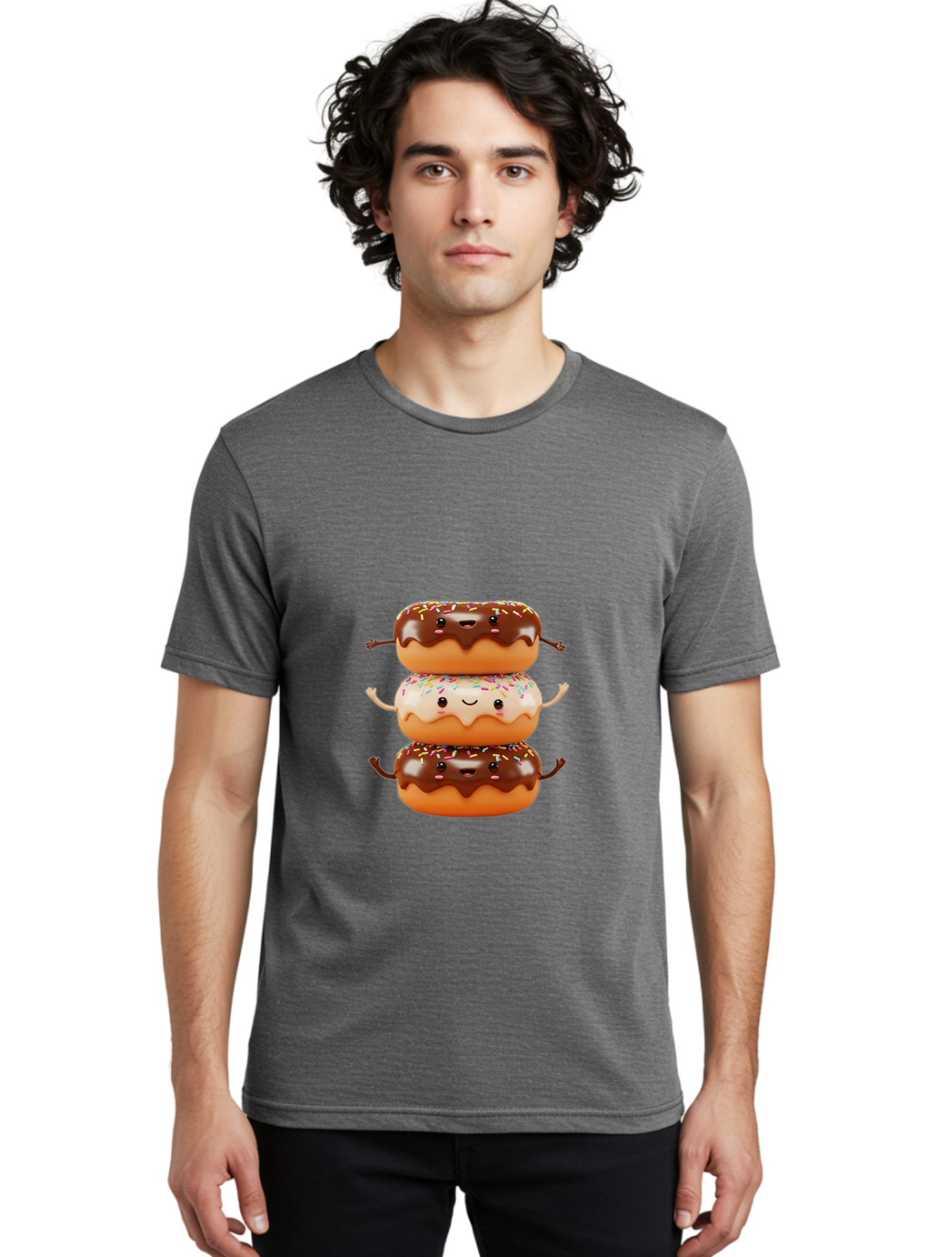 Donut-Stack Men'S Graphic Tee, 100% Cotton, Comfortable Casual Summer Wear, Machine Washable, Stacked Donuts, Chocolate Glazed Donut, Sprinkles Donut, Smiling Faces, Colorful Sweets, Playful Pastries, Sweet Treats, Dessert Lovers, Donut Stack, Baa514