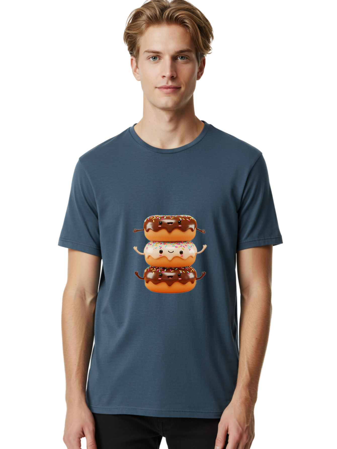 Donut-Stack Men'S Graphic Tee, 100% Cotton, Comfortable Casual Summer Wear, Machine Washable, Stacked Donuts, Chocolate Glazed Donut, Sprinkles Donut, Smiling Faces, Colorful Sweets, Playful Pastries, Sweet Treats, Dessert Lovers, Donut Stack, Baa514