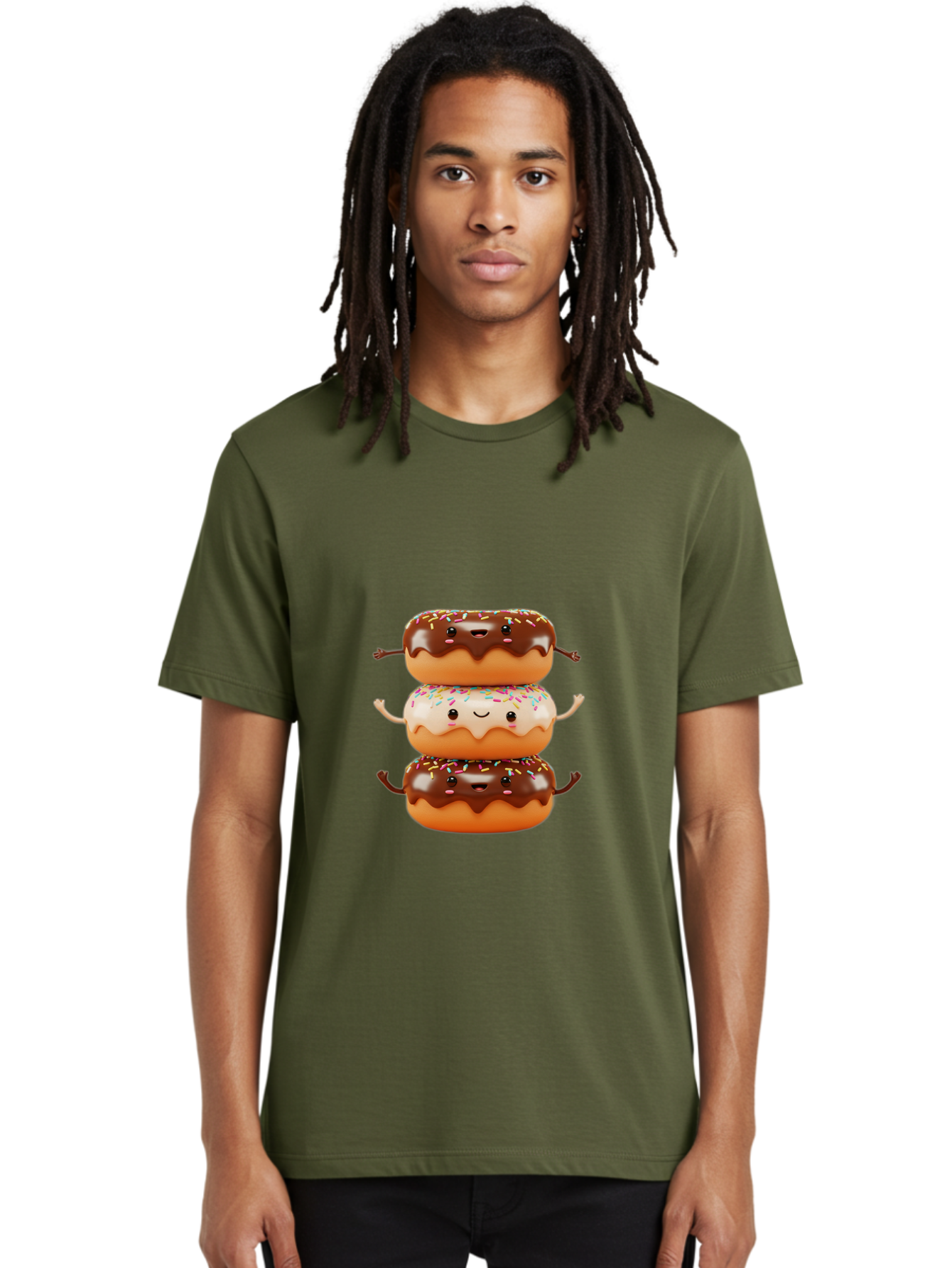 Donut-Stack Men'S Graphic Tee, 100% Cotton, Comfortable Casual Summer Wear, Machine Washable, Stacked Donuts, Chocolate Glazed Donut, Sprinkles Donut, Smiling Faces, Colorful Sweets, Playful Pastries, Sweet Treats, Dessert Lovers, Donut Stack, Baa514