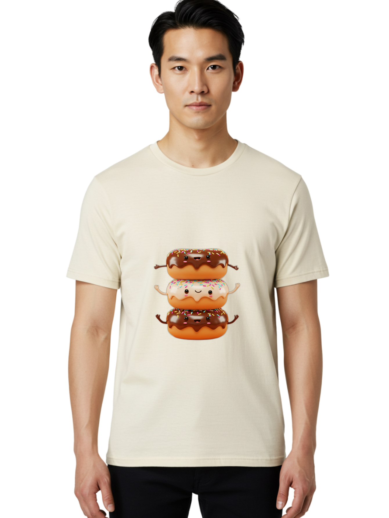Donut-Stack Men'S Graphic Tee, 100% Cotton, Comfortable Casual Summer Wear, Machine Washable, Stacked Donuts, Chocolate Glazed Donut, Sprinkles Donut, Smiling Faces, Colorful Sweets, Playful Pastries, Sweet Treats, Dessert Lovers, Donut Stack, Baa514